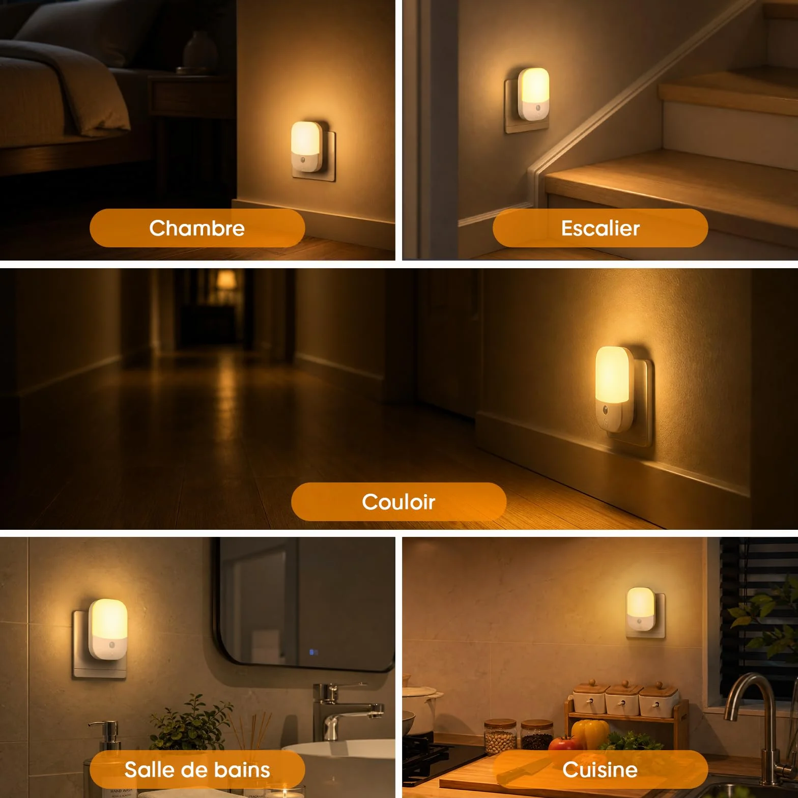 Suright Lot de 2 Veilleuses Enfant à Prise Murale, CAPTEUR LUMIÈRE INTELLIGENT, 5 Intensités, 3 Modes, Blanc Chaud, Lampe de Nuit Bébé 0,3W