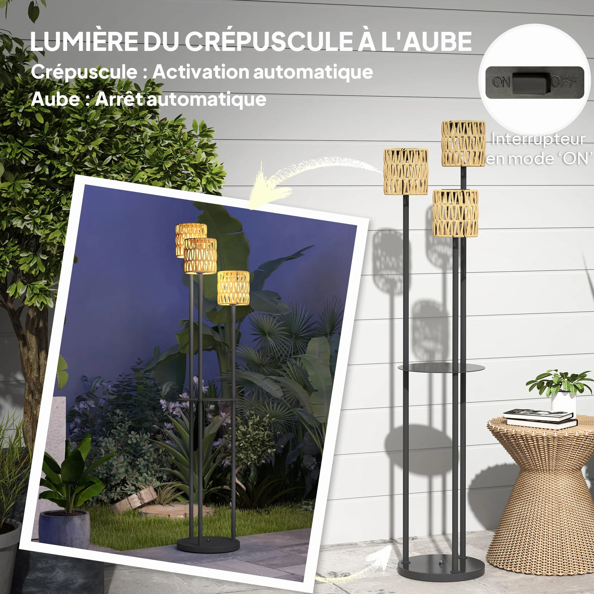 Outsunny Lampadaire solaire extérieur résine tressée 3 lumières bohème capteur étagère IP44 jardin patio terrasse Ø37 x 144 cm jaune