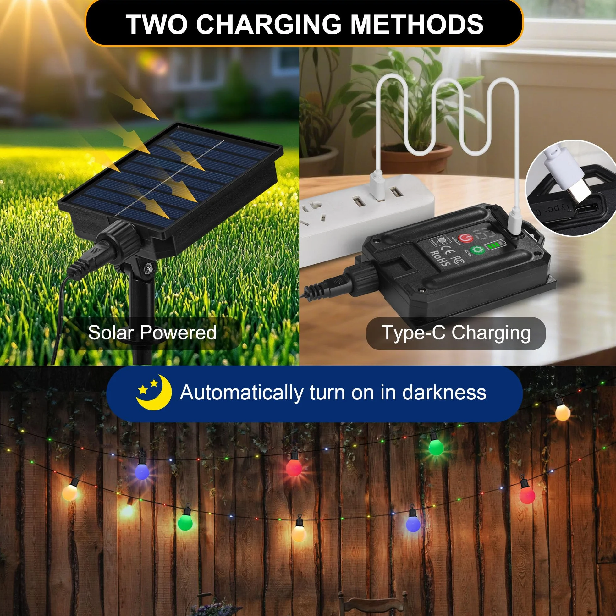Tacobey Guirlande Solaire Extérieur 10M 100 LEDs G40 Blanche Ampoules Charge USB 8 Modes Etanche Jardin
