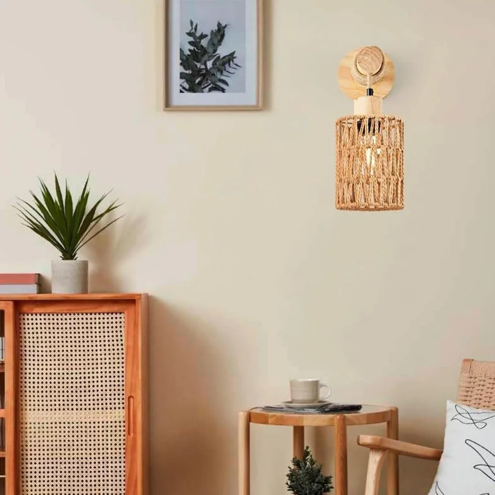 Lampe Murale en Rotin Tressé, Design Corde Cylindrique, Éclairage Décoratif Chambre, 1 Pièce