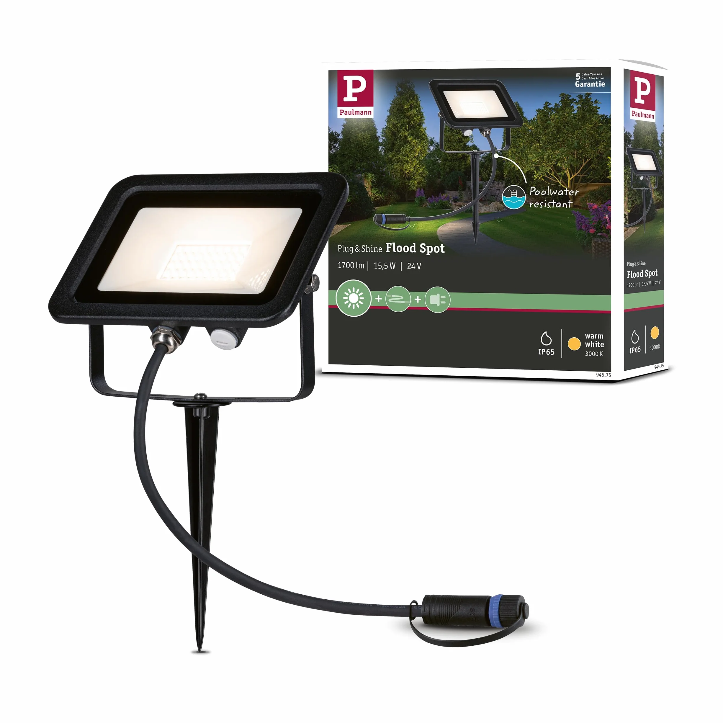 Paulmann Plug & Shine Lampe d'extérieur LED Projecteur de jardin IP65 Blanc chaud 15,5 W Noir Aluminium 3000 K