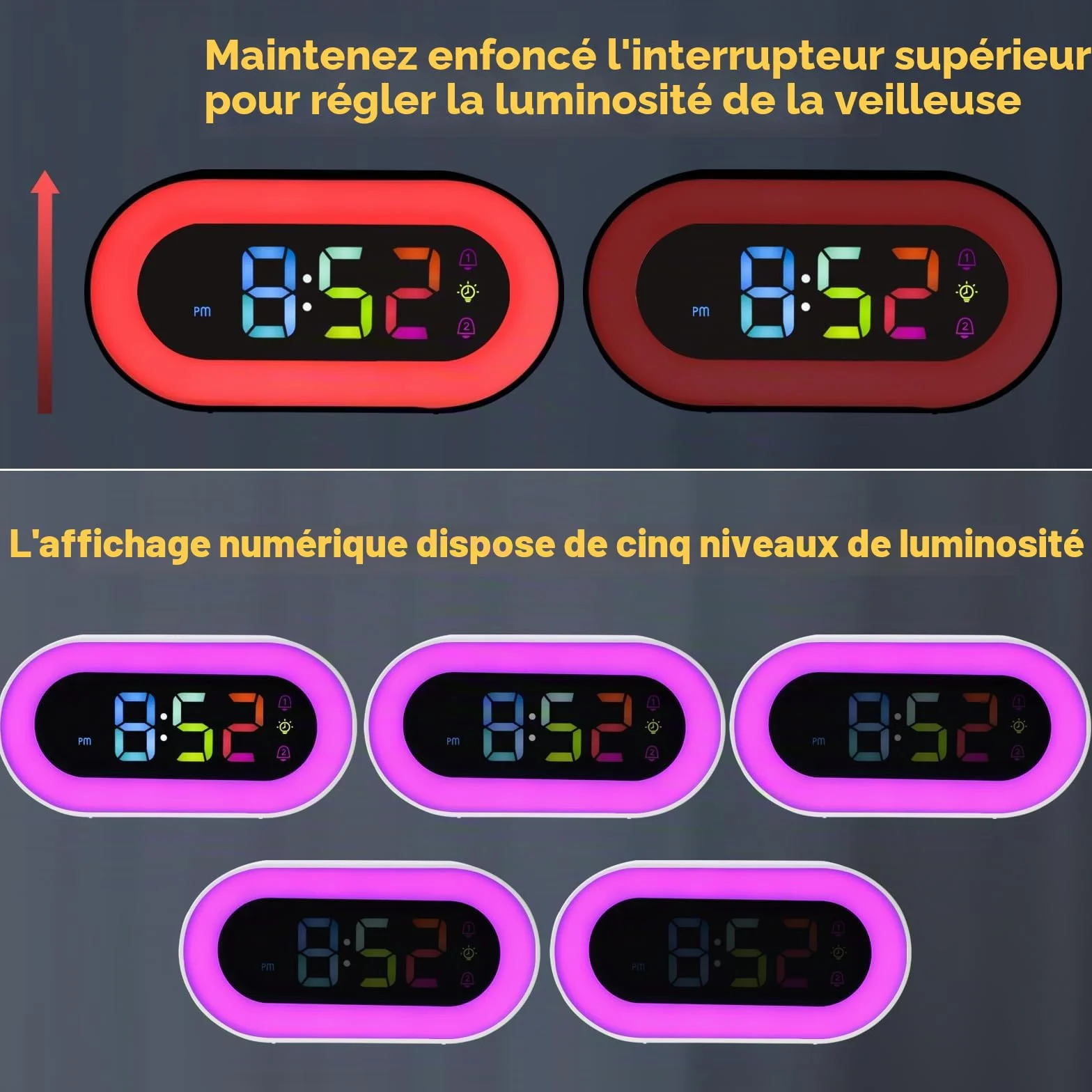 Réveil Lumineux pour Enfants Double Alarme 18 Sonneries Mode Sieste 12/24H 5 Niveaux Volume Veilleuse 9 Couleurs