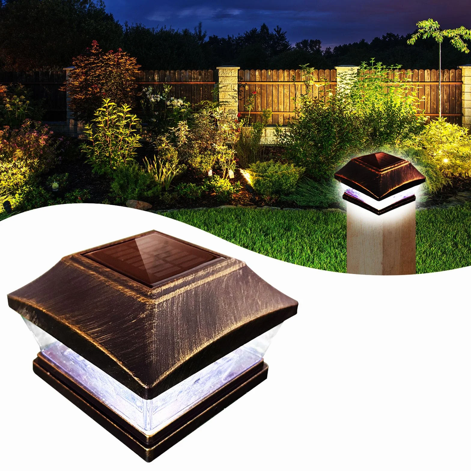Lampe Solaire Chapeau Poteau Bois - Lampes Solaires d'Extérieur LED Étanches - Bronze