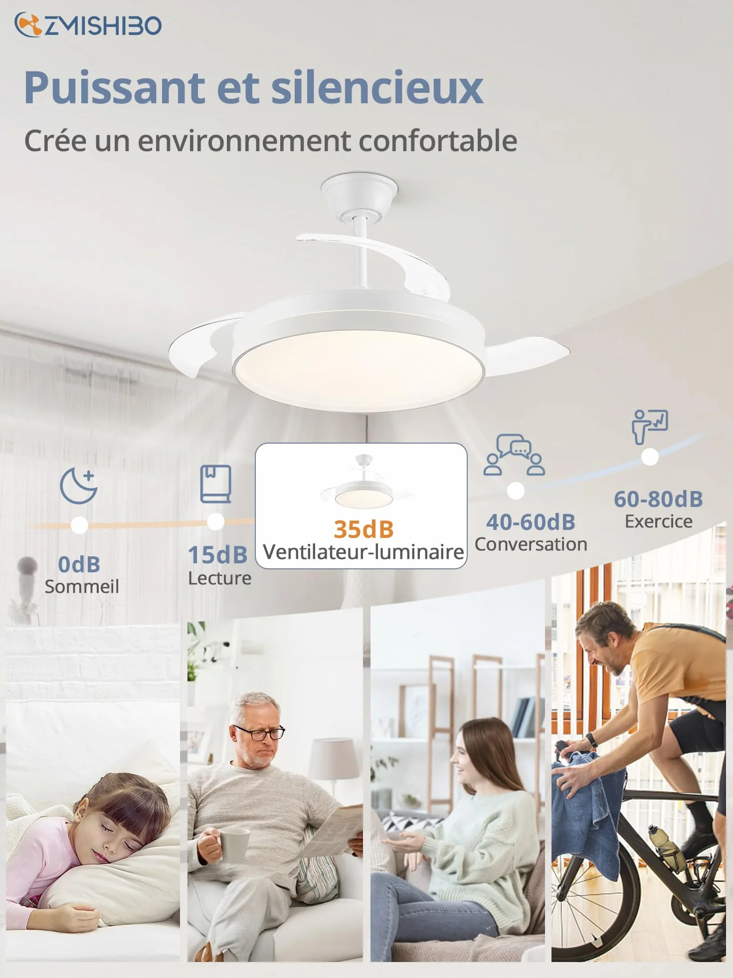 ZMISHIBO Ventilateur de Plafond avec Lumière 107cm, Moteur DC Silencieux, 3000~6000K, 6 Vitesses, Télécommande + APP