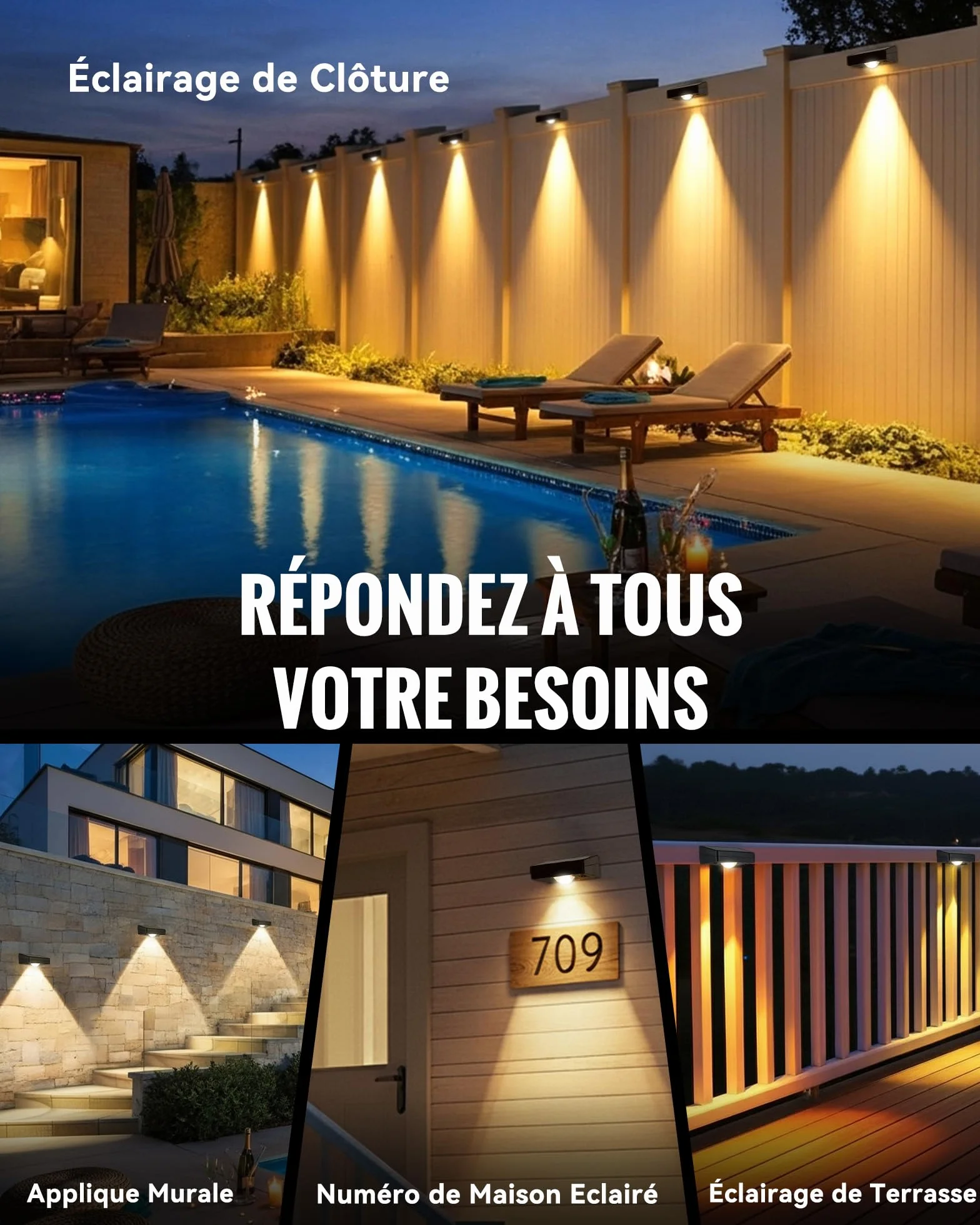 Applique Solaire Exterieur 6PCS, Lampe Solaire Spot Murale Extérieur, 3 Températures de Couleur, IP65 Étanche