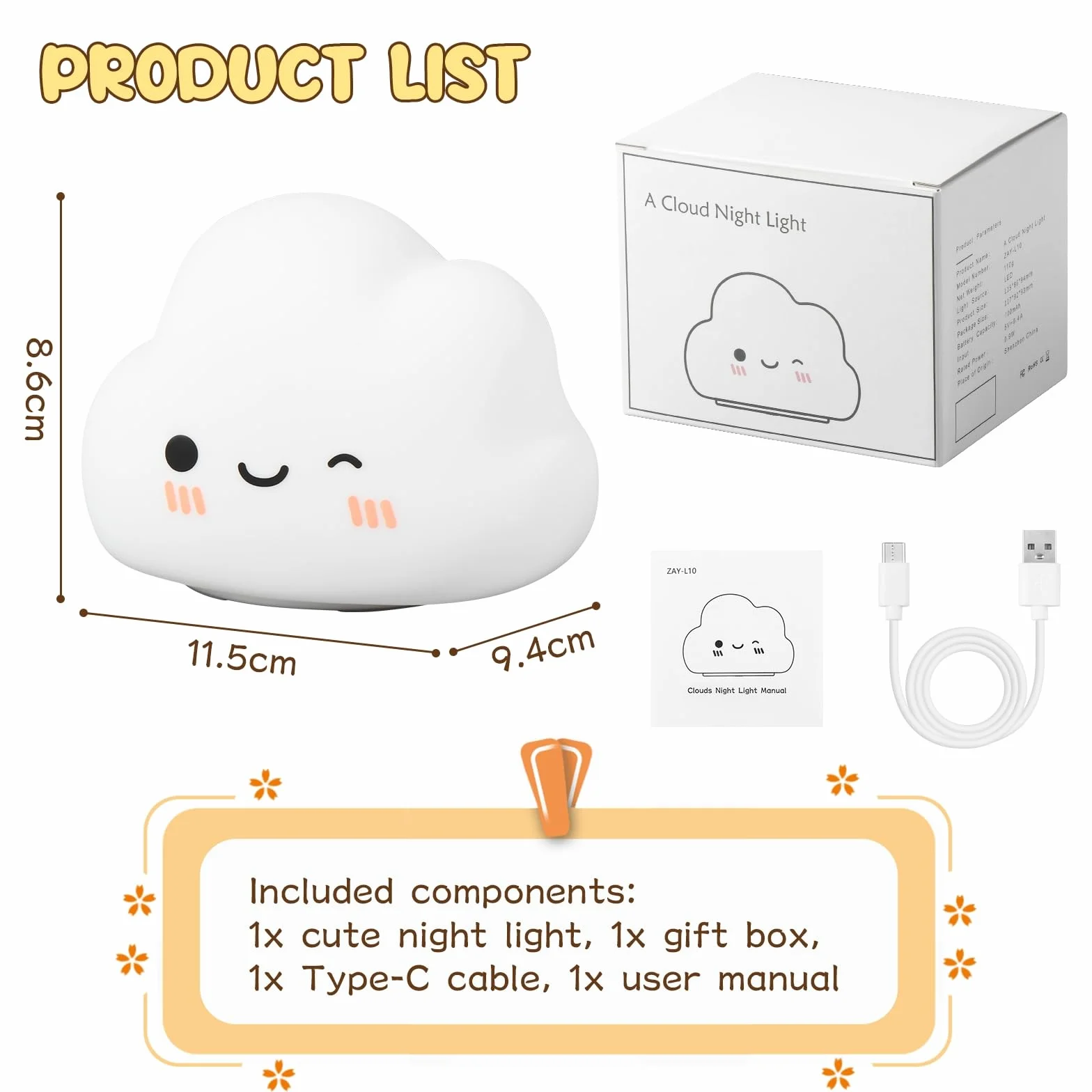 Diboniur Veilleuse Bébé Nuage Rechargeable, 7 Couleurs 3 Luminosité, Lampe de Chevet Enfant