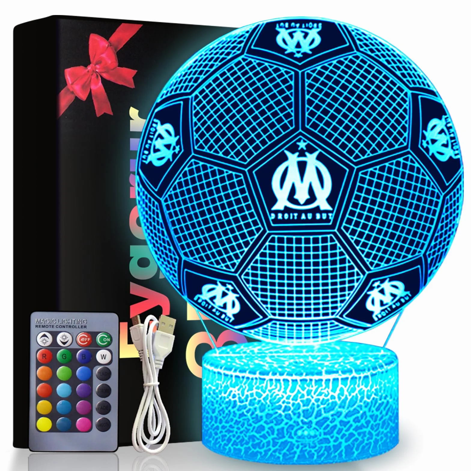 Marseille Football Veilleuse 3D LED Enfants 16 Couleurs USB Smart Remote Control Lampe Décoration Chambre Cadeau Fans