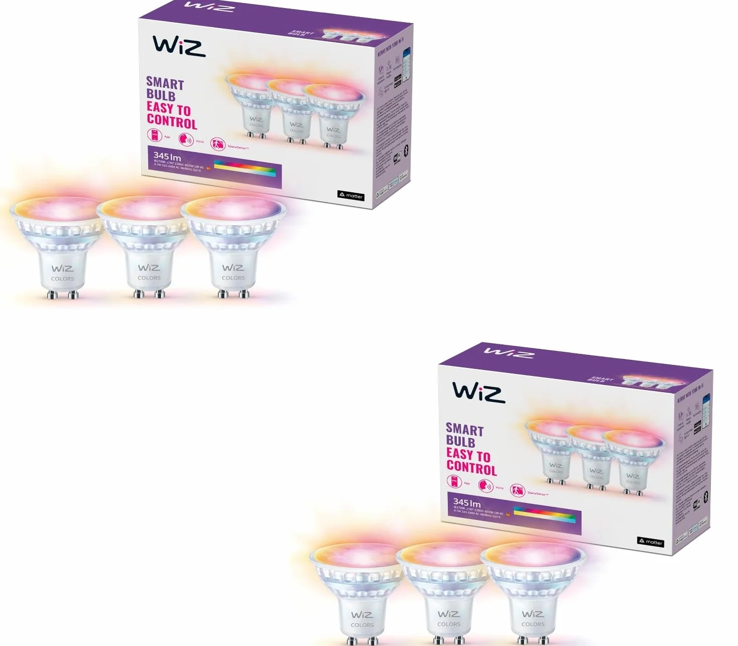 WiZ Pack Valeur GU10 6 Spots 50W Lumière Colorée Blanche Wi-Fi 16 Millions Couleurs Bluetooth Contrôle Vocal App Google Alexa HomeKit