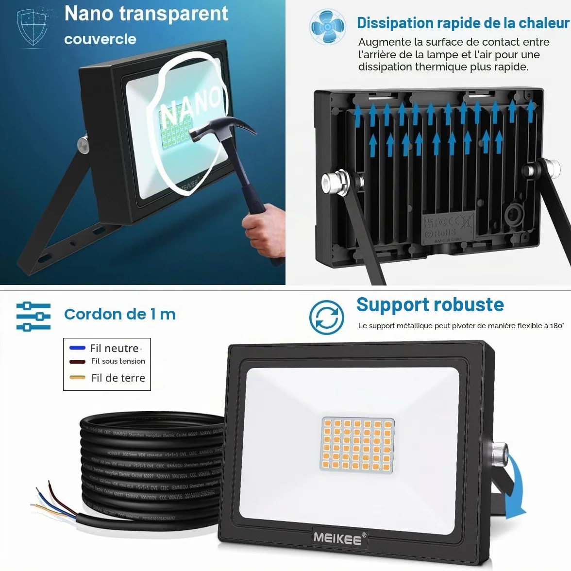MEIKEE Projecteurs LED Extérieur 35W Lot de 2 Spot LED IP66 Étanche 3000LM Blanc Chaud 2700K
