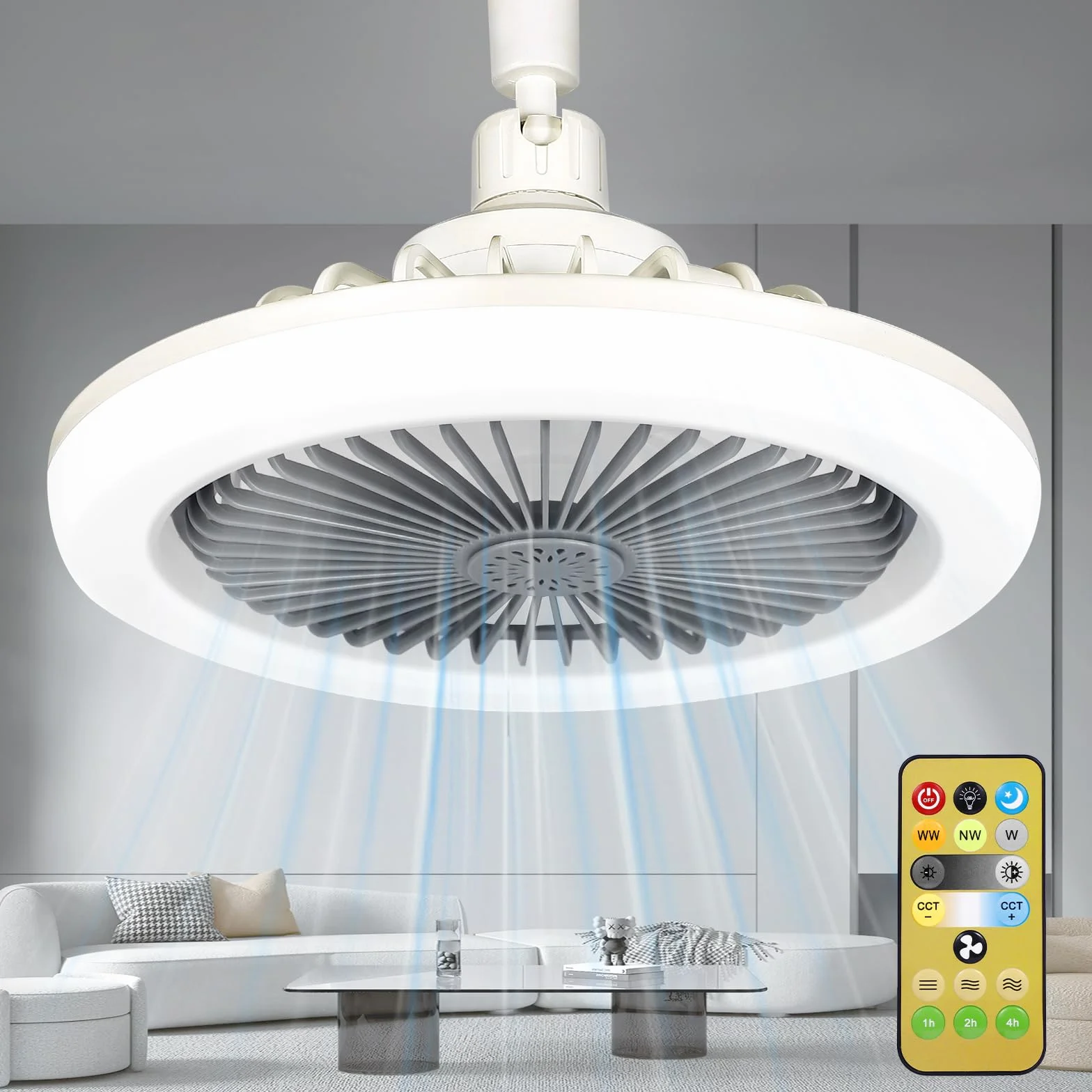Ventilateur Plafond Silencieux 30W LED E27 avec Télécommande Dimmable 3 Vitesses Lampe Plafond pour Chambre Salon Cuisine