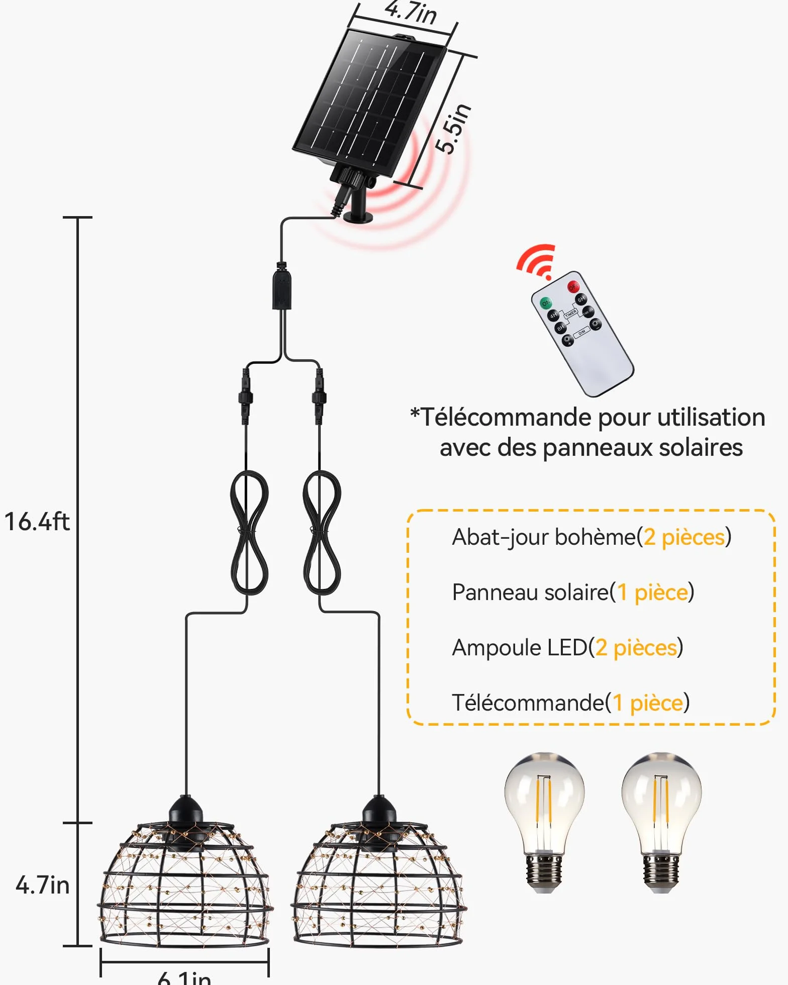 Lampe Solaire Intérieur Extérieur IP65 2 Suspensions Bohème avec Télécommande
