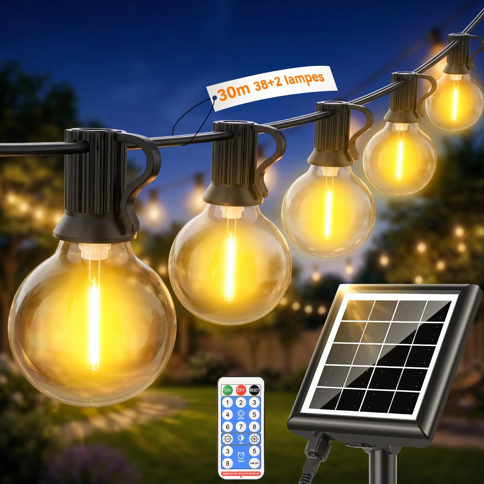 Guirlande Solaire Exterieur LED 30M Télécommande 38+2 Ampoules G40 Étanche Jardin Terrasse Balcon