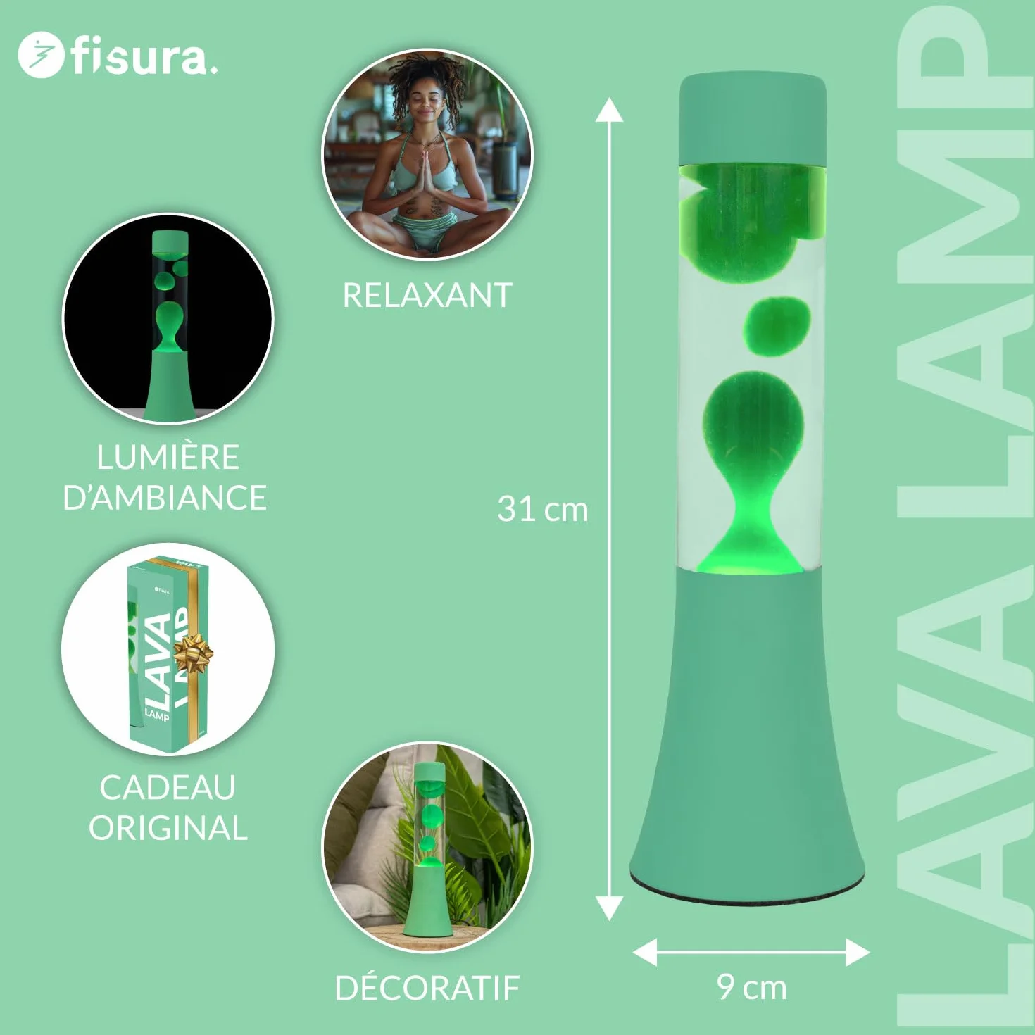 Lampe à lave verte 30 cm avec base et liquide transparent - Cadeau original rétro