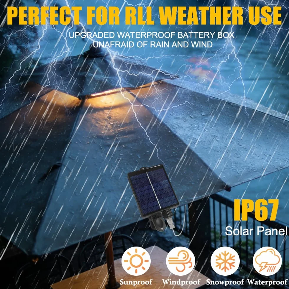Lampes Solaires pour Parasol 104 LED 8 Modes Télécommande USB Jardin