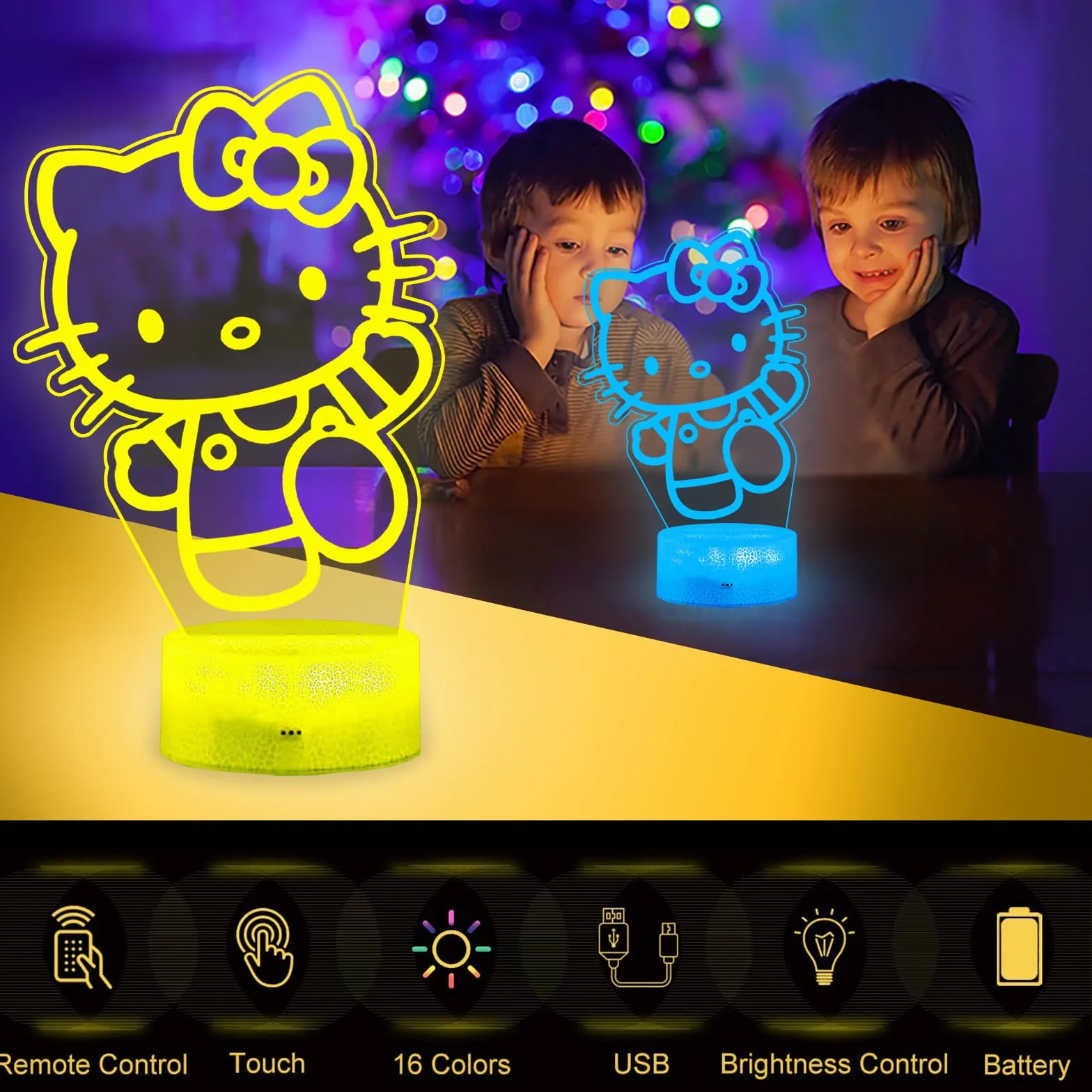 Kitty Veilleuse 3D LED Enfants USB Smart Remote Control 16 Couleurs Lampe Chevet
