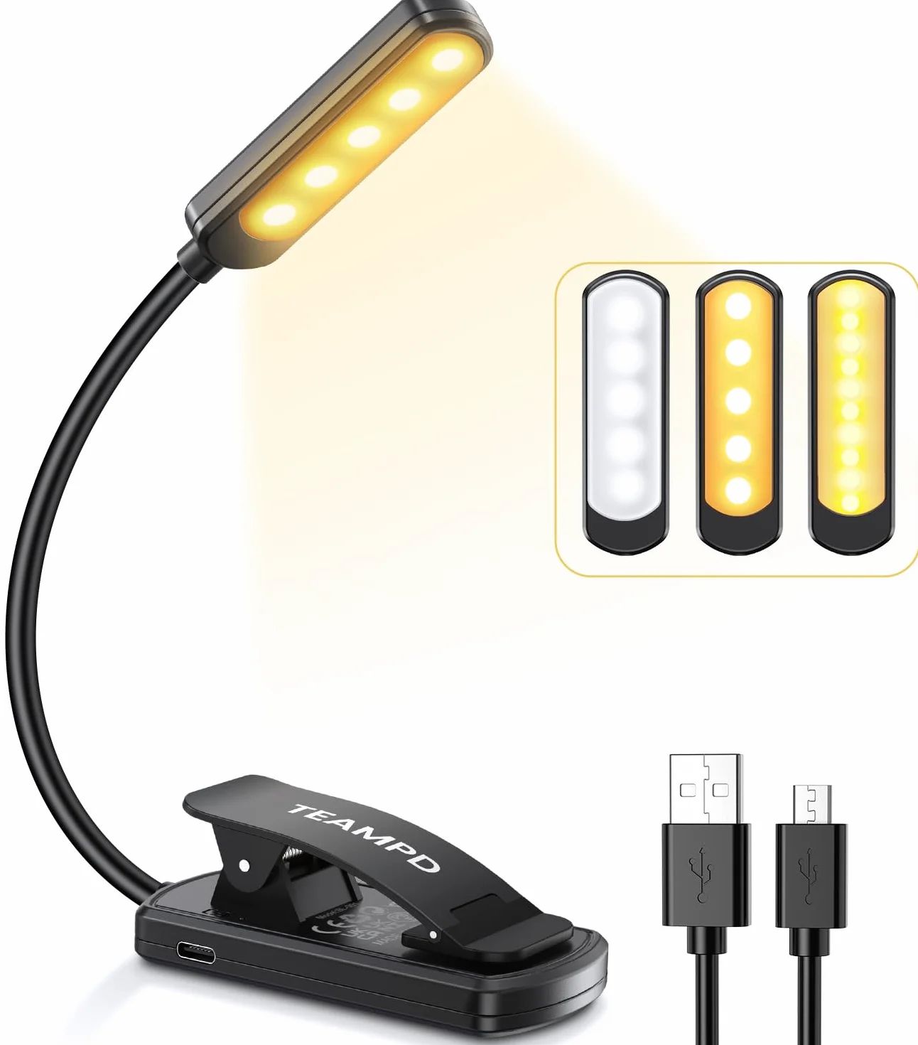TEAMPD Lampe de Lecture LED Rechargeable, 10 LEDs, 360° Cou Flexible, 3 Couleurs & Intensité Variable, Mini Veilleuse