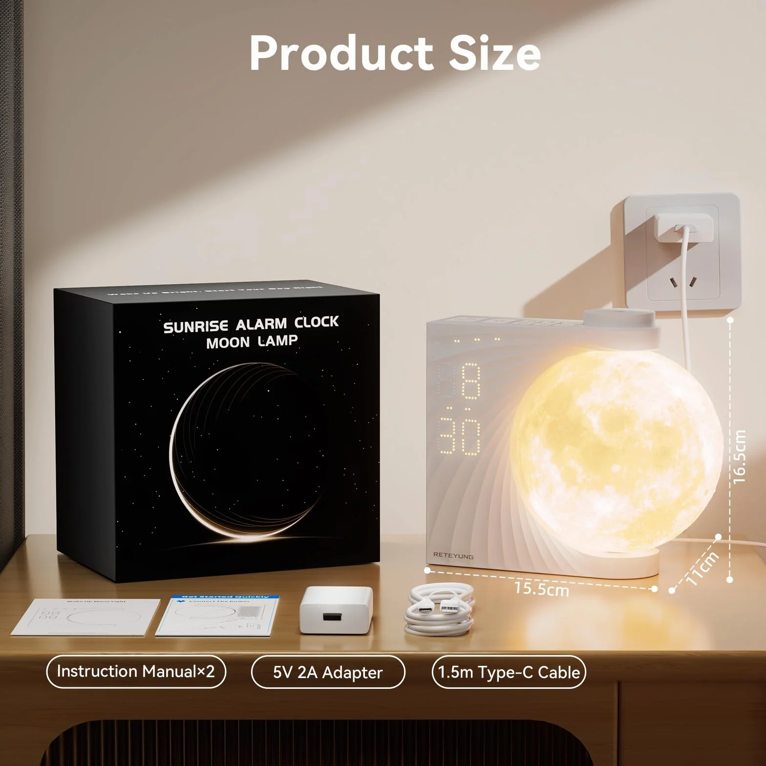 Lampe de Lune avec Réveil Lumineux, 2 Réveils, RGB 8 Couleurs, 10 Sons Naturels, Veilleuse 3 Niveaux