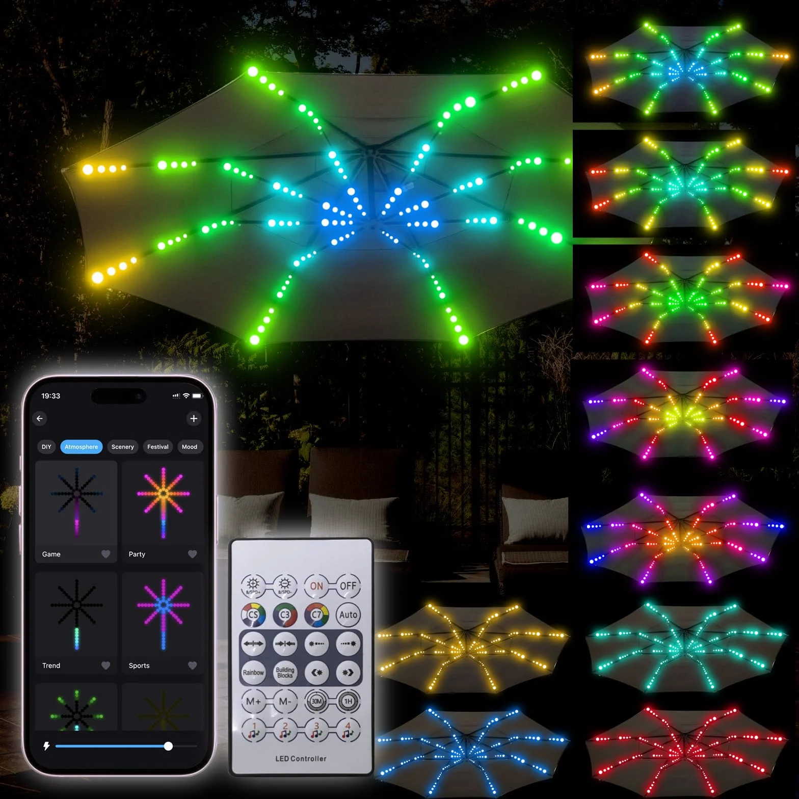 Parasol Guirlande Feux D'artifice LED 104 LED Couleur Changeante avec APP Bluetooth Télécommande DIY Chasing Metor Flowing