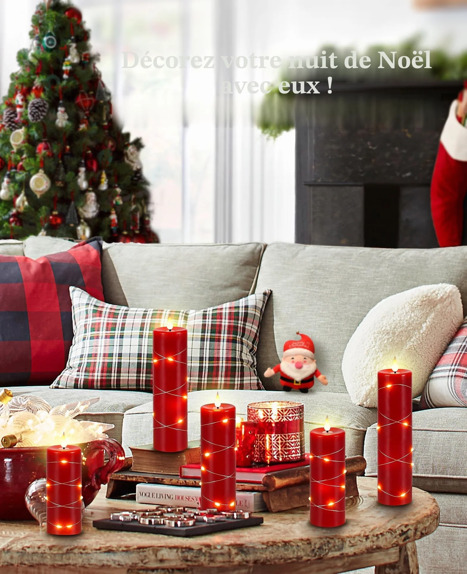 Bougies LED en Cire Rouge avec Guirlande Lumineuse, Flamme Scintillante Réaliste, Télécommande Incluse