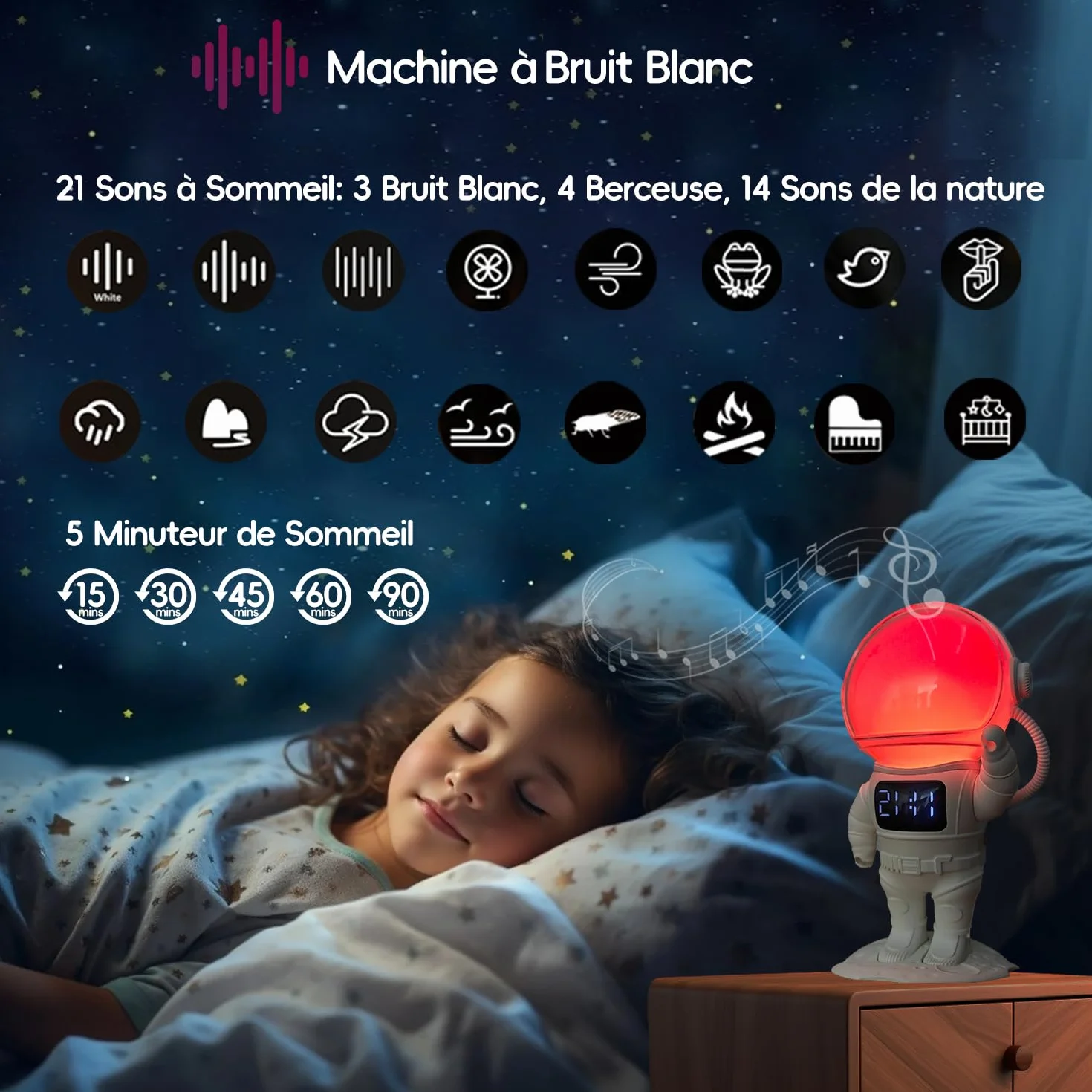 Réveil simulateur d'aube Bluetooth 7 Sonneries 21 Sons de Sommeil 22 Couleurs lumière Astronaute Enfant