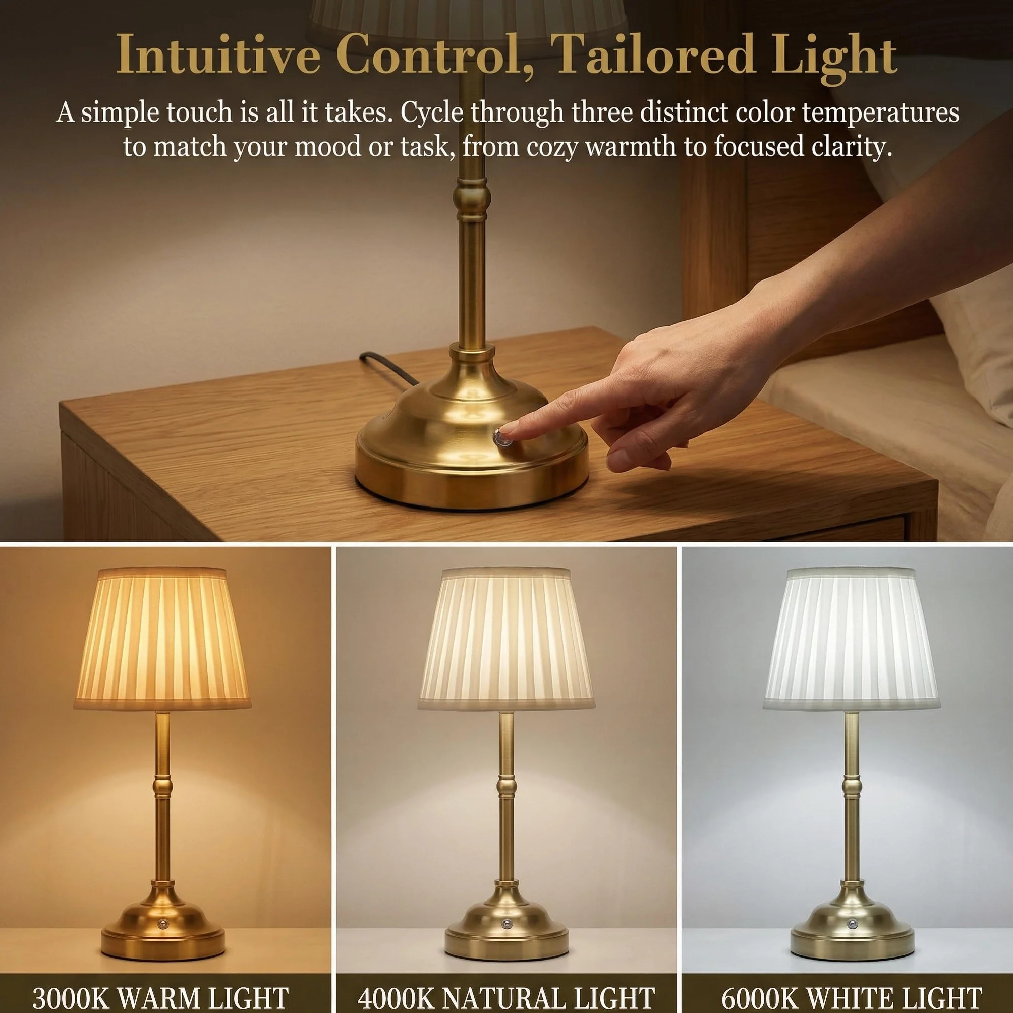 Lampe de Table Sans Fil Rechargeable LED, Lampe Chevet Retro Abat-jour Tissu, 3 Couleurs Intensité Variable USB Design Vintage