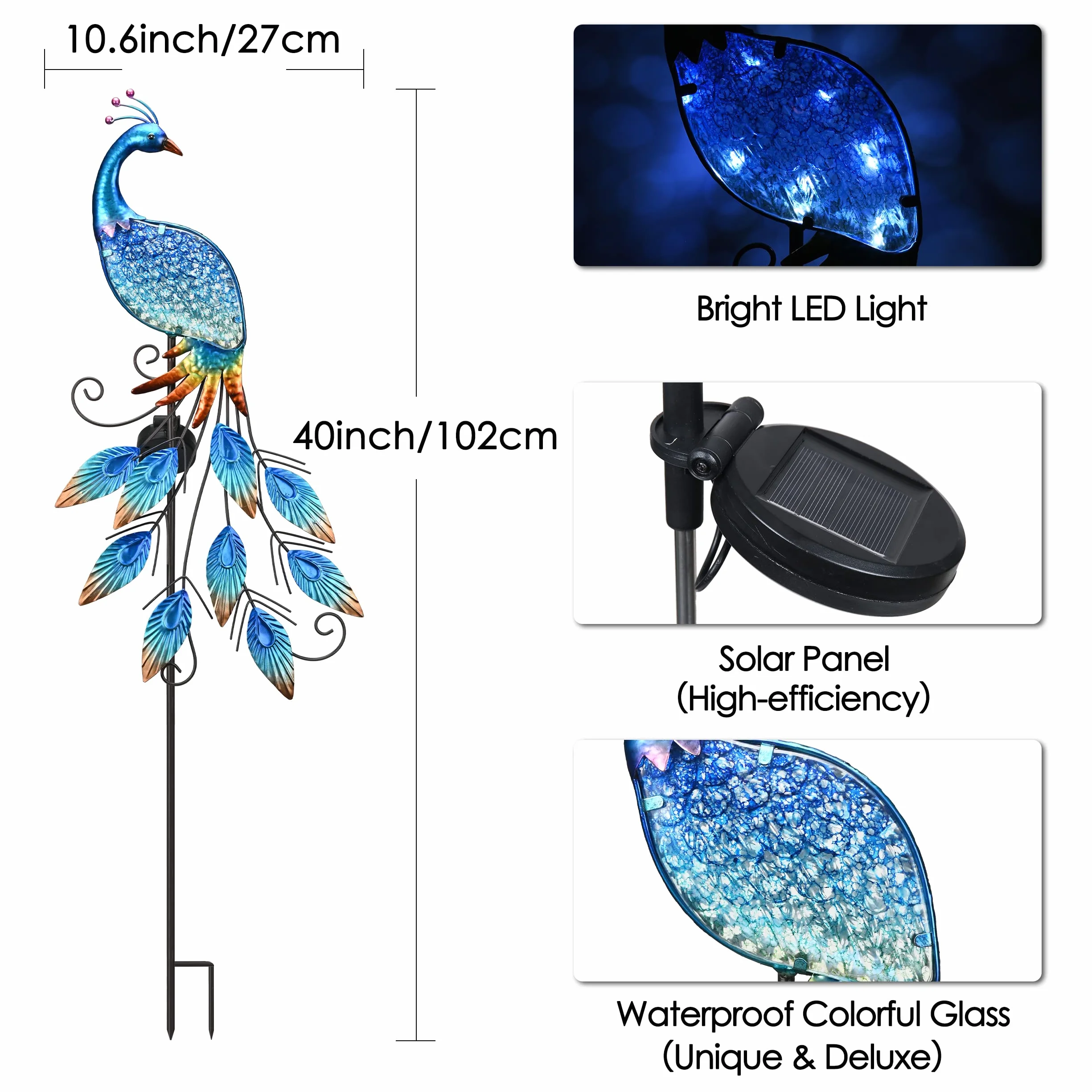Lampe Solaire Exterieur Jardin Paon en Verre et Métal 102cm Bleu