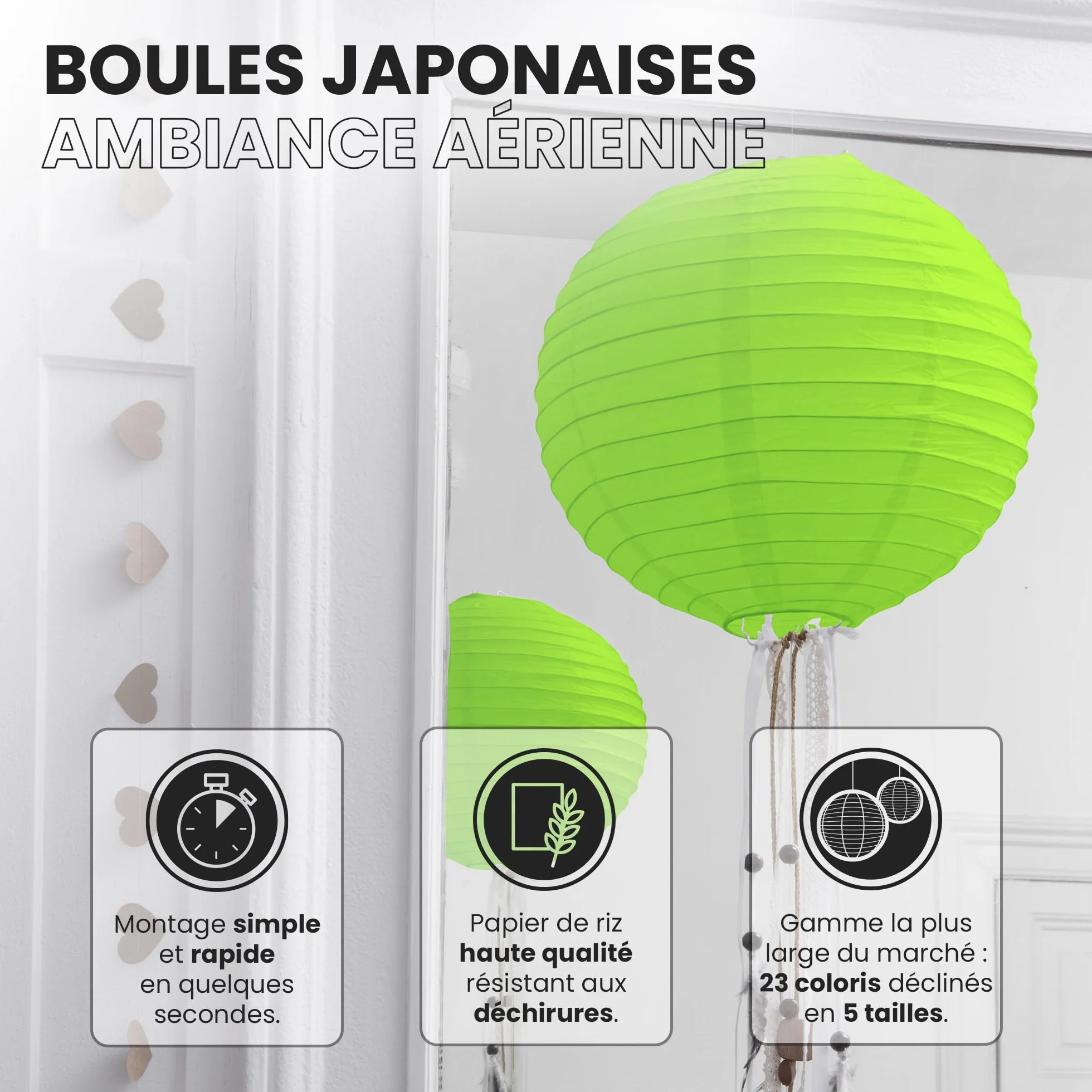 Lanterne Japonaise Vert Boule Papier 40cm - Décoration Mariage Anniversaire Fêtes