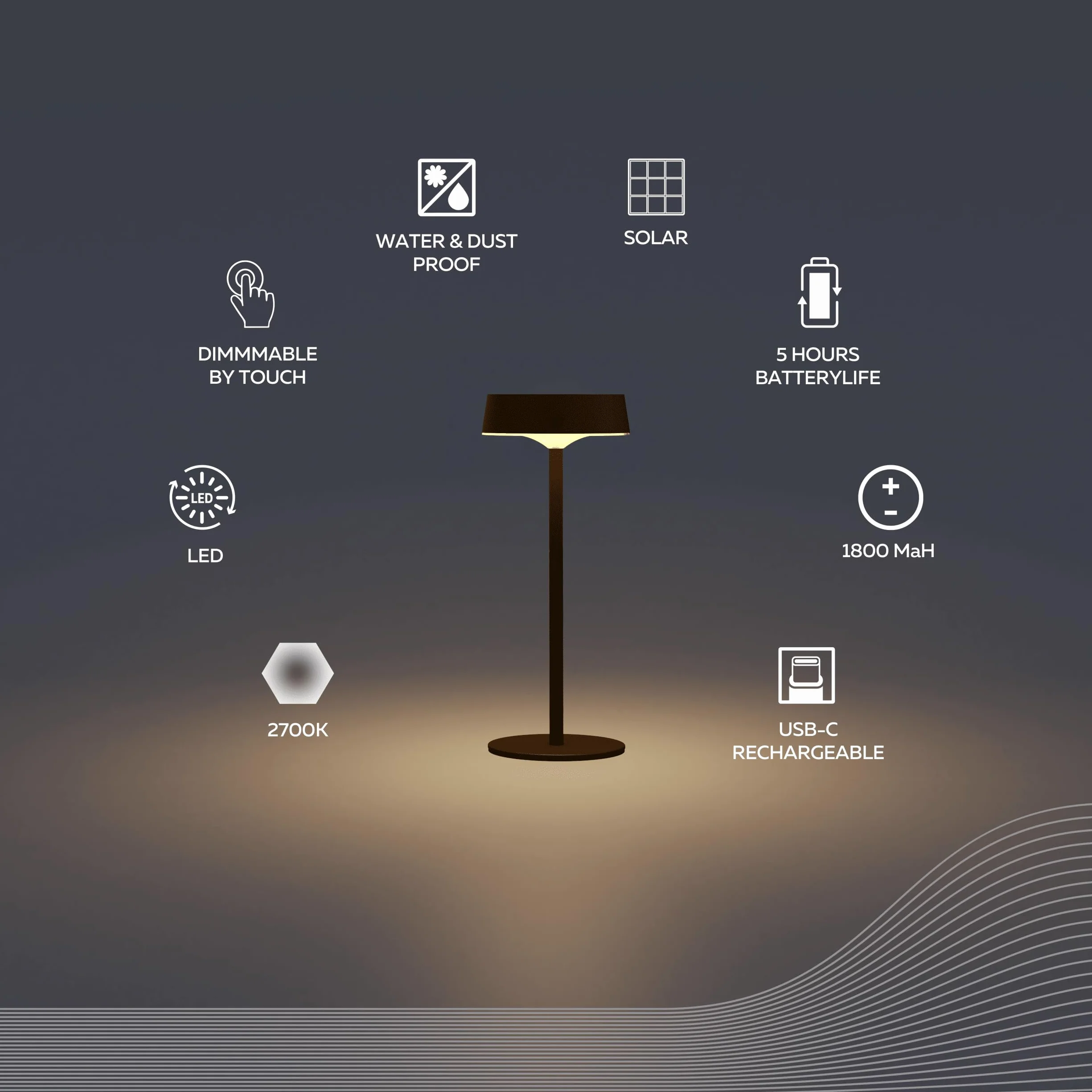 CALEX Parma Lampe de Table Solaire, Sans Fil, Rechargeable, Contrôle Tactile, Noir