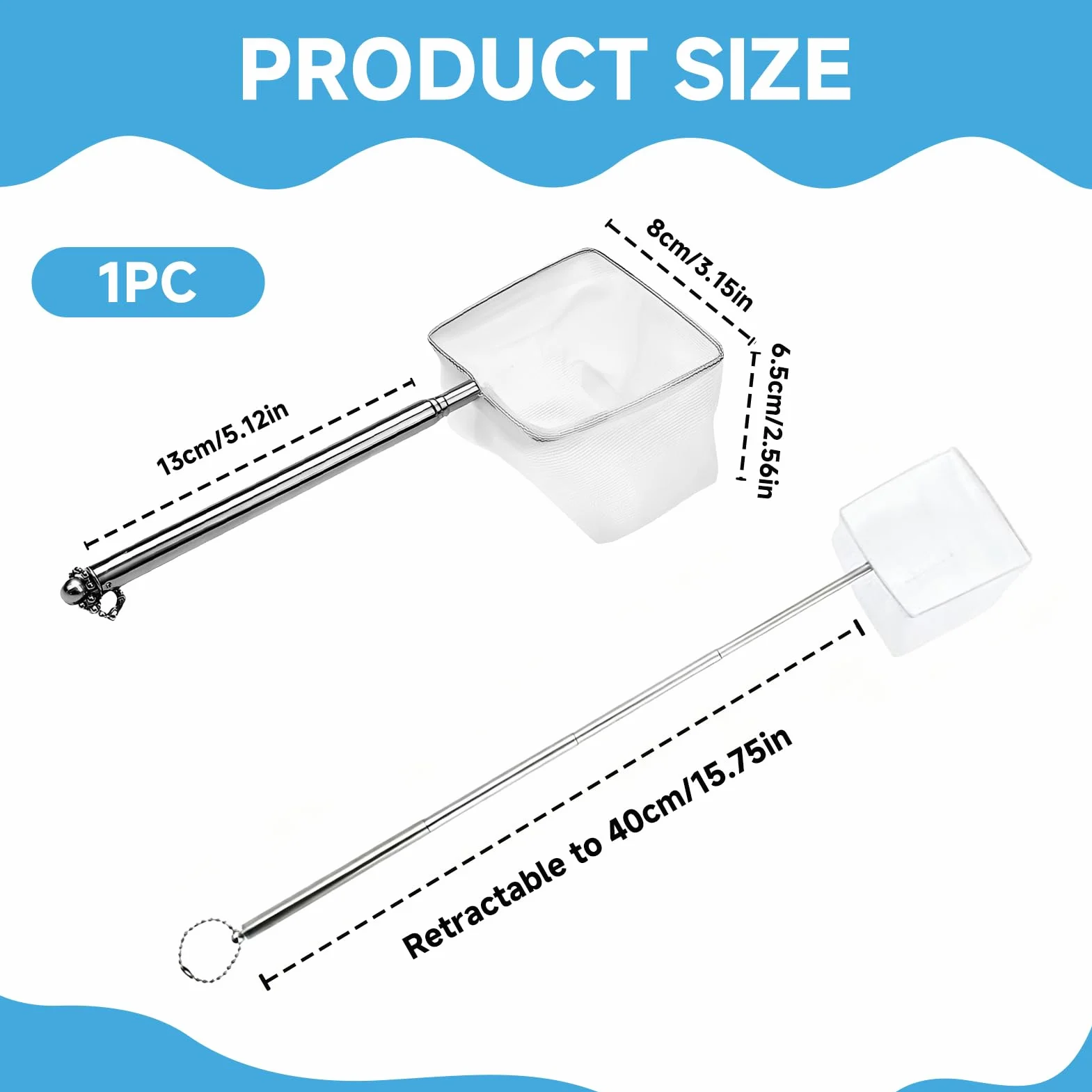 Épuisette Aquarium 8cm Mailles Fines Souples Manche Extensible Acier Inoxydable 40cm