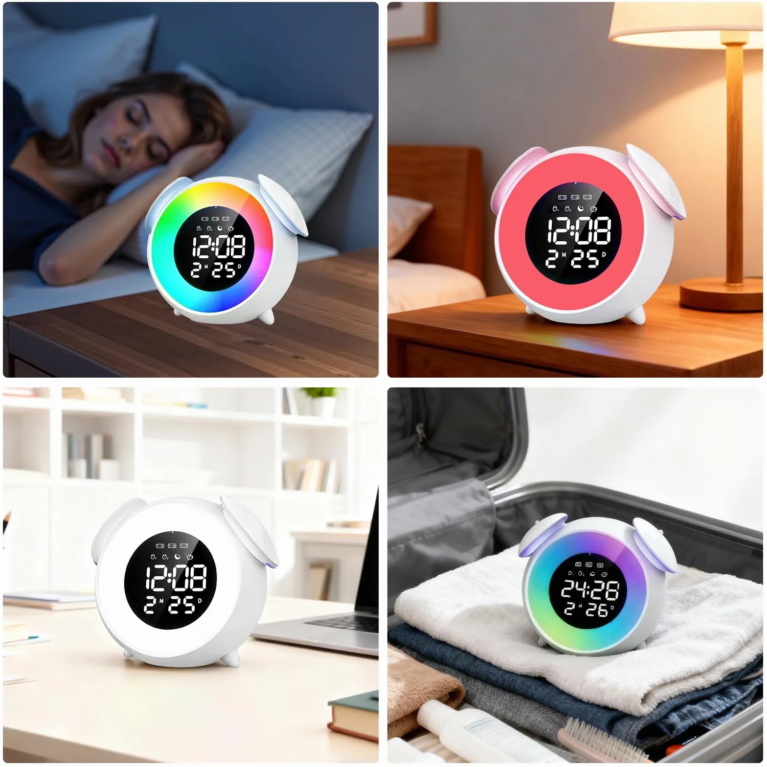 BORDEAG Réveil Enfants Entraîneur Sommeil Veilleuse 15 Couleurs Snooze Double Alarme 12/24