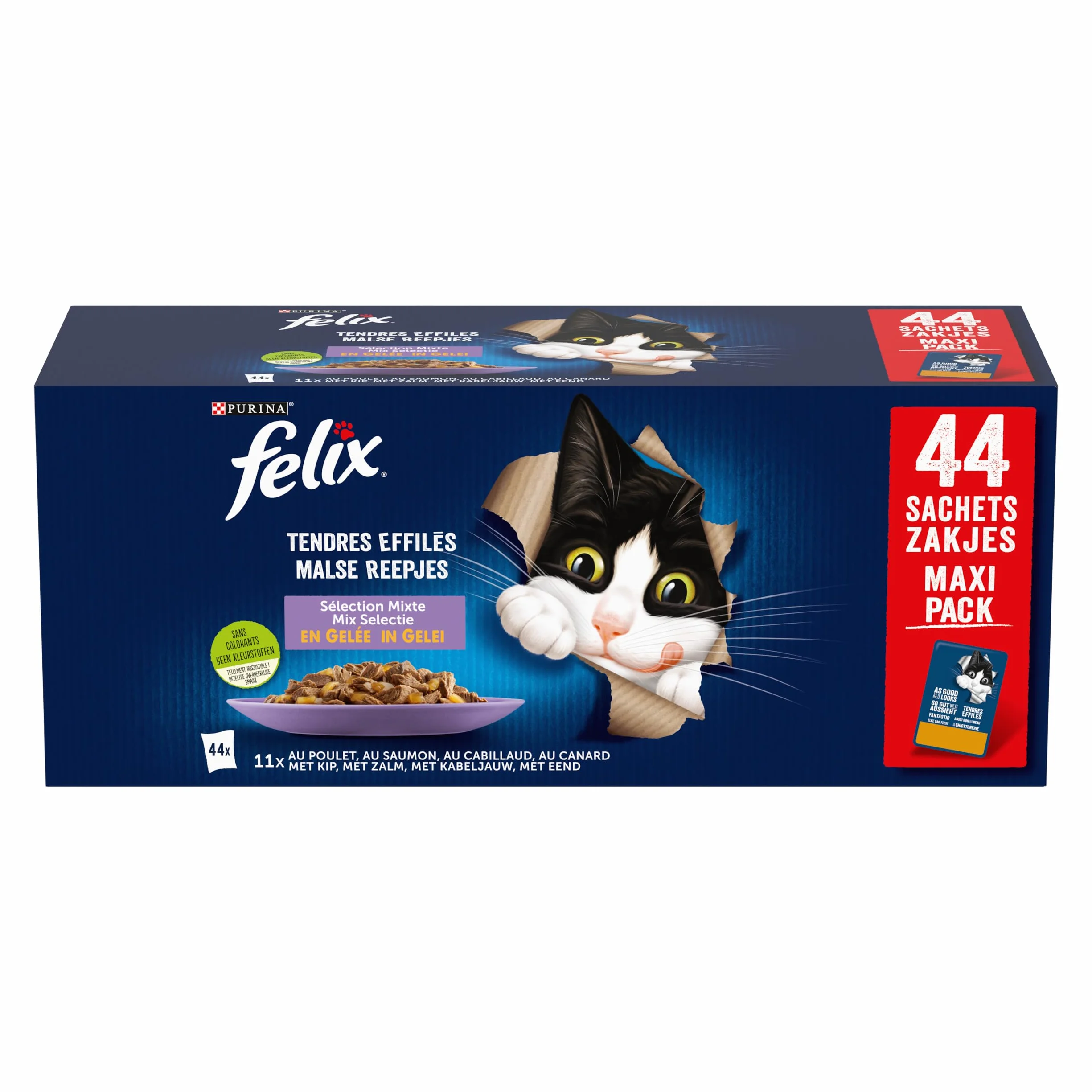 FELIX Tendres Effilés En Gelée Chat Adulte Sélection Saumon Poulet Canard Cabillaud Sachets Fraîcheurs 44 x 85g