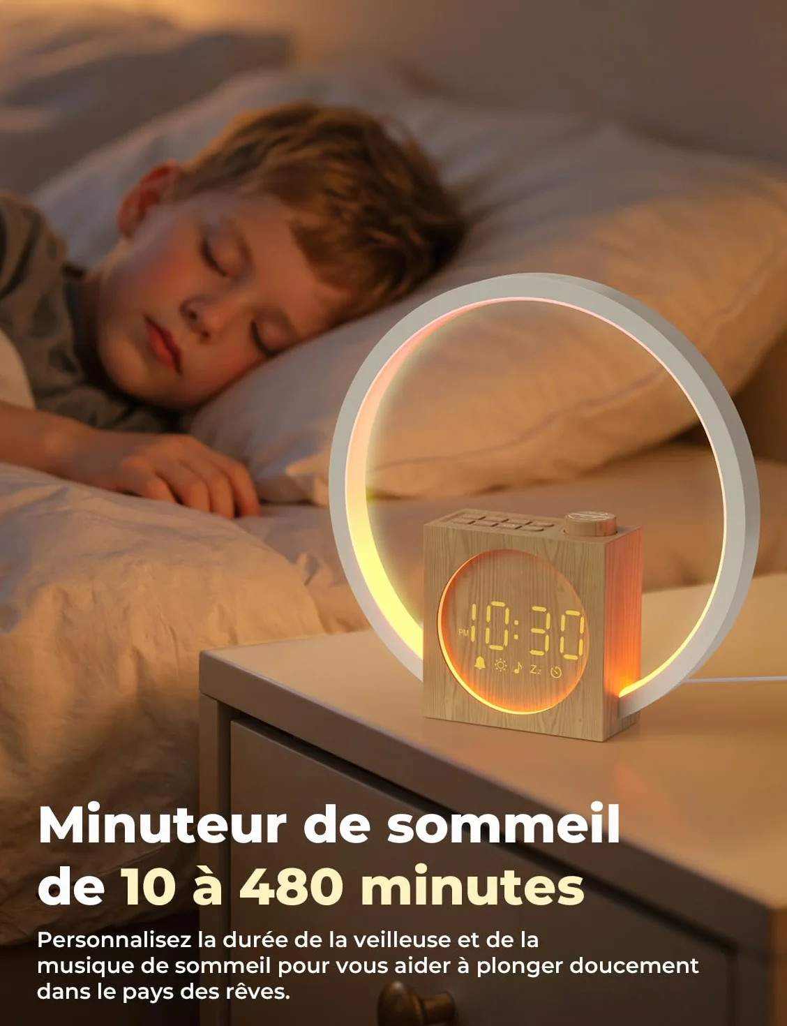 LIORQUE Lampe de Chevet LED avec Réveil Lumineux Simulateur d'Aube, 30 Sons, 20 Niveaux de Luminosité, Minuterie Sommeil 10-480 min