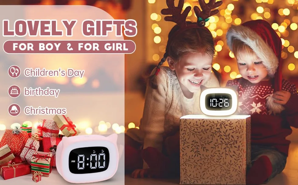 Réveil Enfant Éducatif LED Veilleuse Pendule Chambre Kid 5 Couleurs 18 Musiques Cadeau Anniversaire Fille Garçon Rose