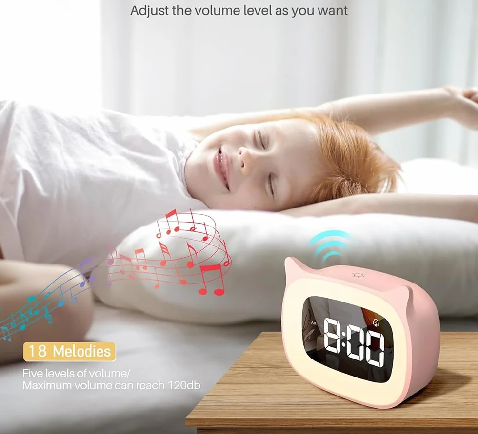 Réveil Enfant Éducatif LED Veilleuse Pendule Chambre Kid 5 Couleurs 18 Musiques Cadeau Anniversaire Fille Garçon Rose