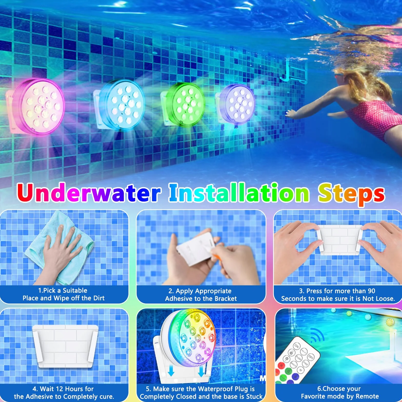 Lumiere Piscine LED 16 RGB IP68 Etanche avec Télécommande