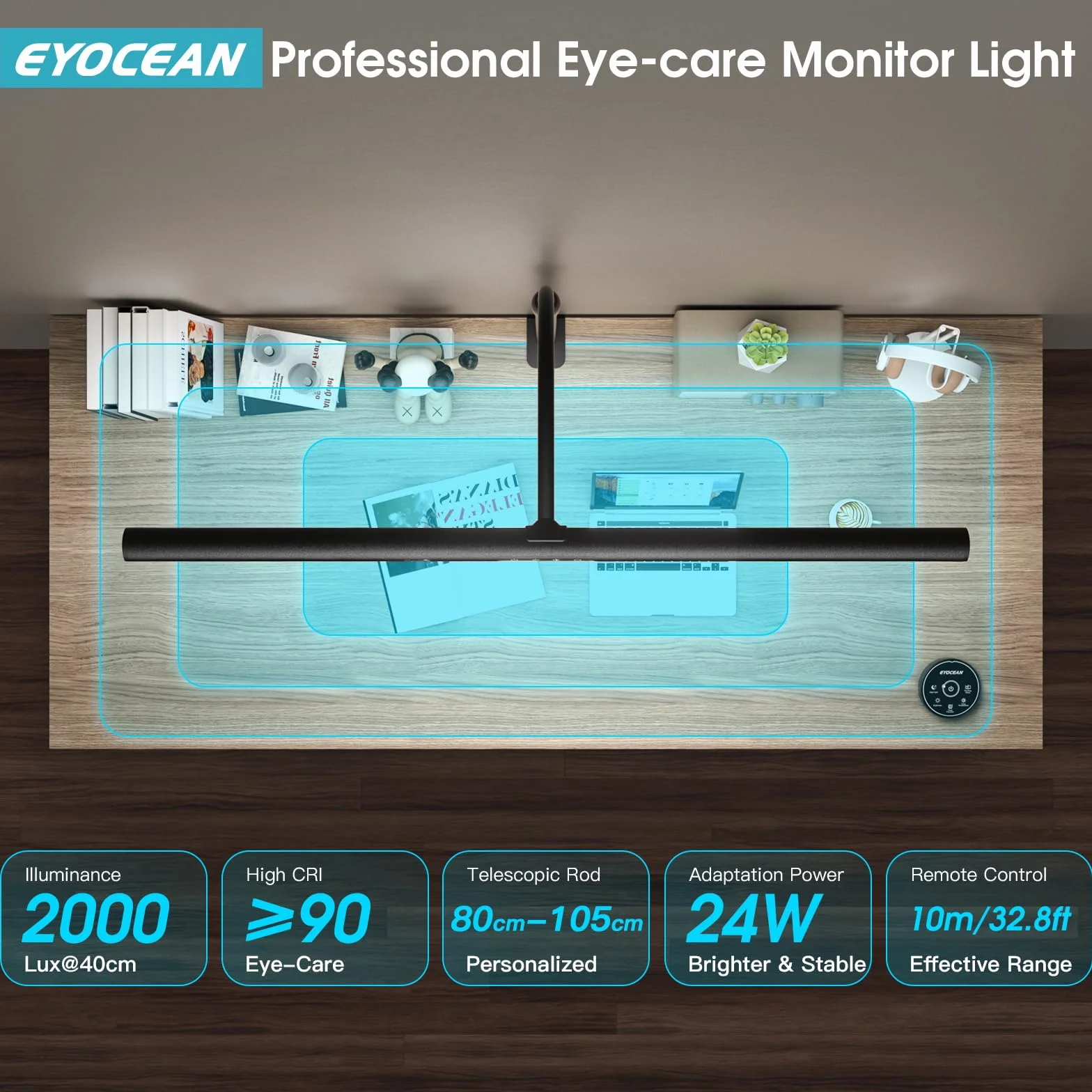 EYOCEAN Lampe de Bureau LED, Gradation et Températures de Couleur Réglables, Tige Télescopique