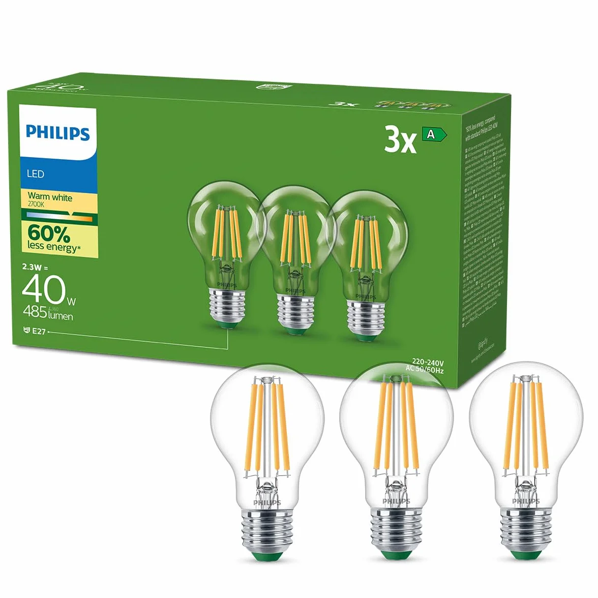 Philips Lot de 3 Ampoules LED E27 40W Équivalent Blanc Chaud 2700K