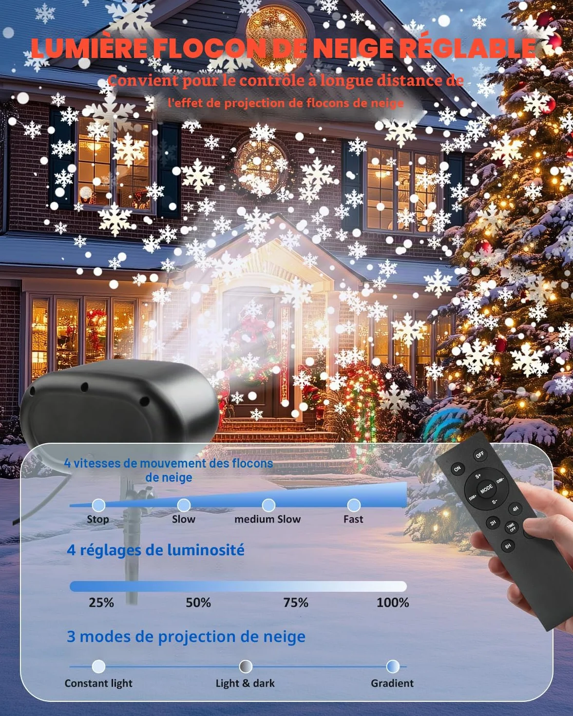 Projecteur de Noël extérieur LED IP65 avec télécommande, lumière de neige dynamique réglable