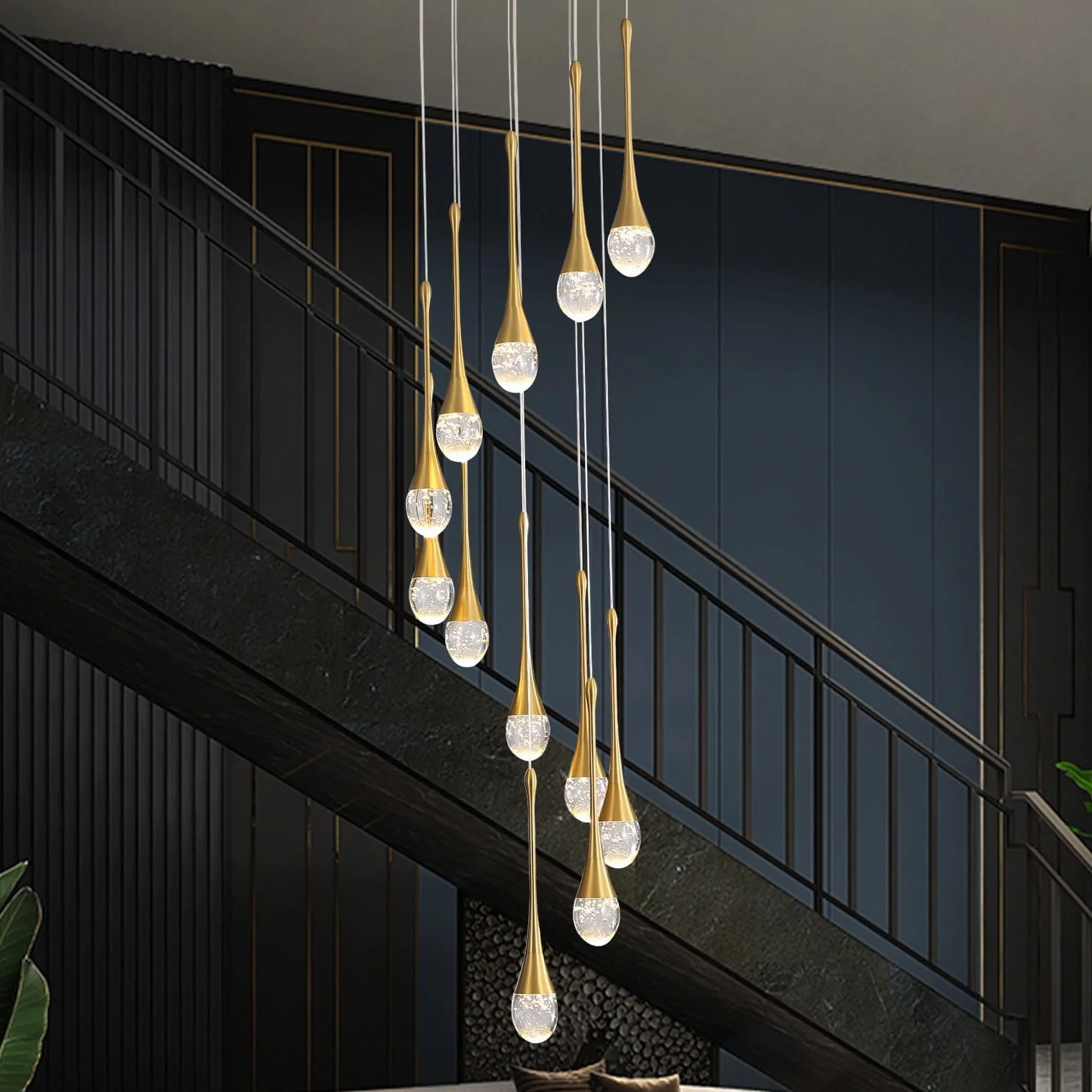 Lustres suspendus en cristal à 12 lumières dorées en forme de goutte de pluie 120 '' / 305 cm de haut Foyers d'entrée Lustres d'entrée StaircaseBig Crystal Bubble 3000-6000K Dimmbale LED Luminaires