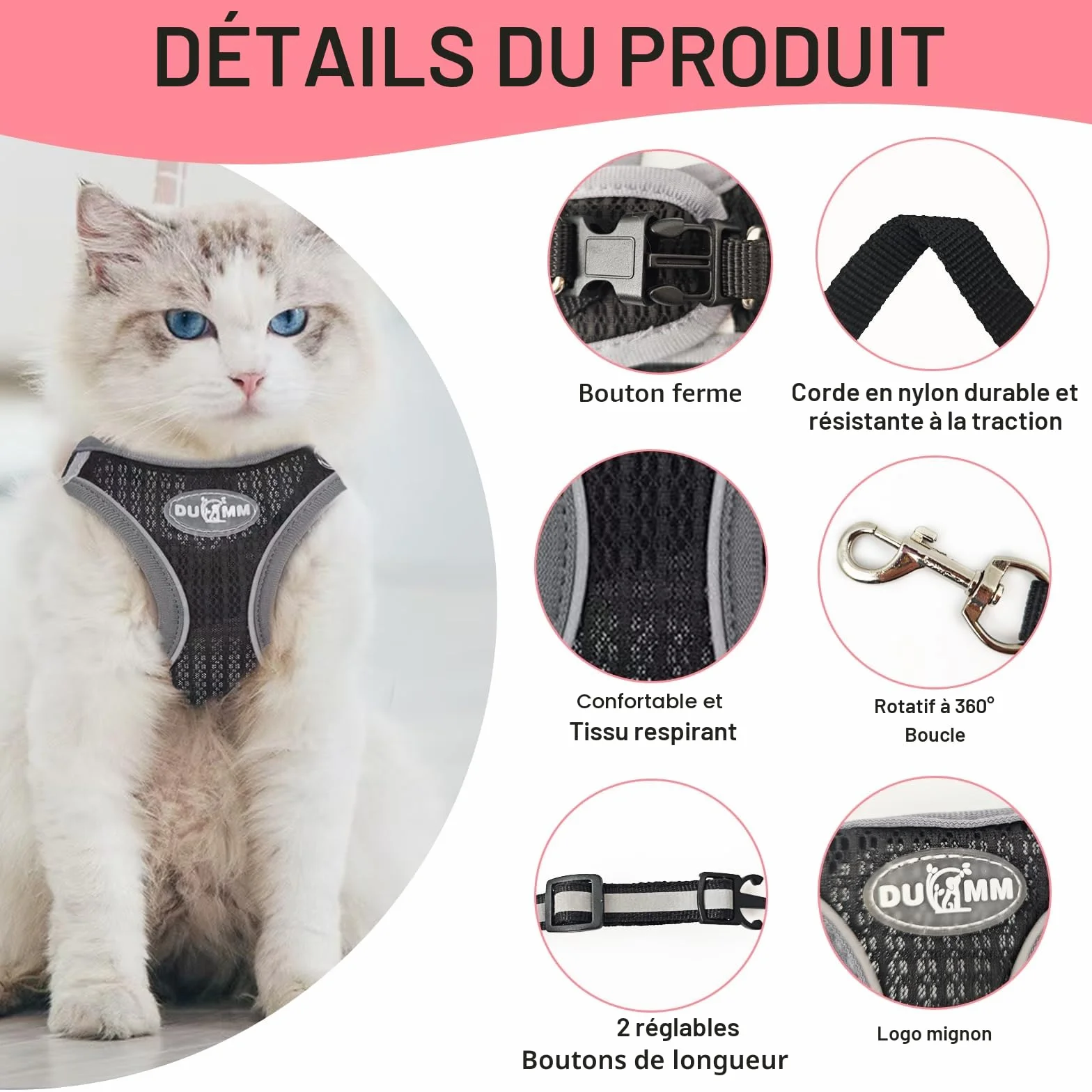 Harnais pour Chat Anti-éclatement Réglable avec Laisse, Doublure Lombaire Douce, Maille Respirante, Bandes Réfléchissantes (Noir XXS)