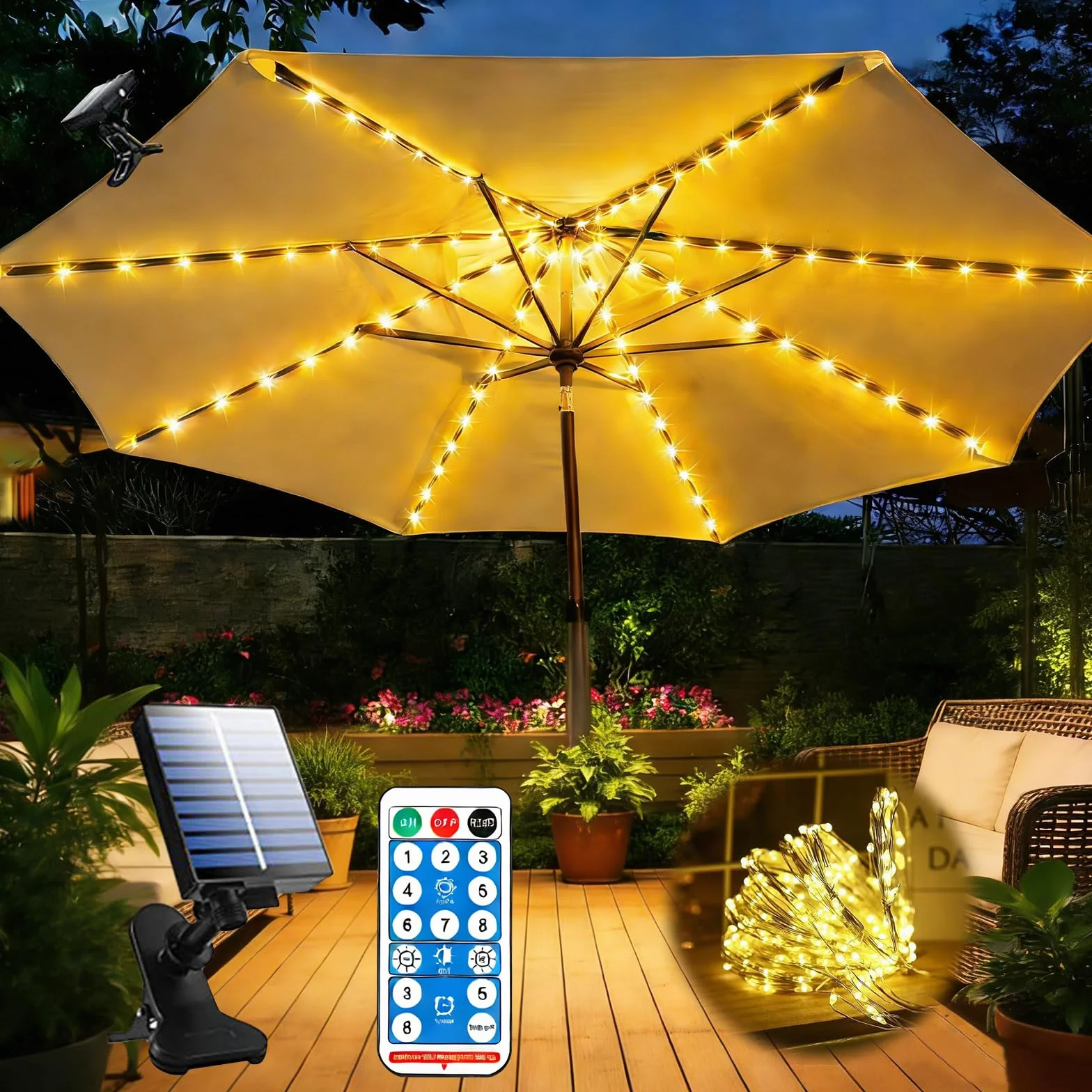 Solaire Lampes pour Parasol 104 LED Télécommande 8 Modes IP67 Éclairage Guirlande Lumineuse Jardin Terrasse Extérieur