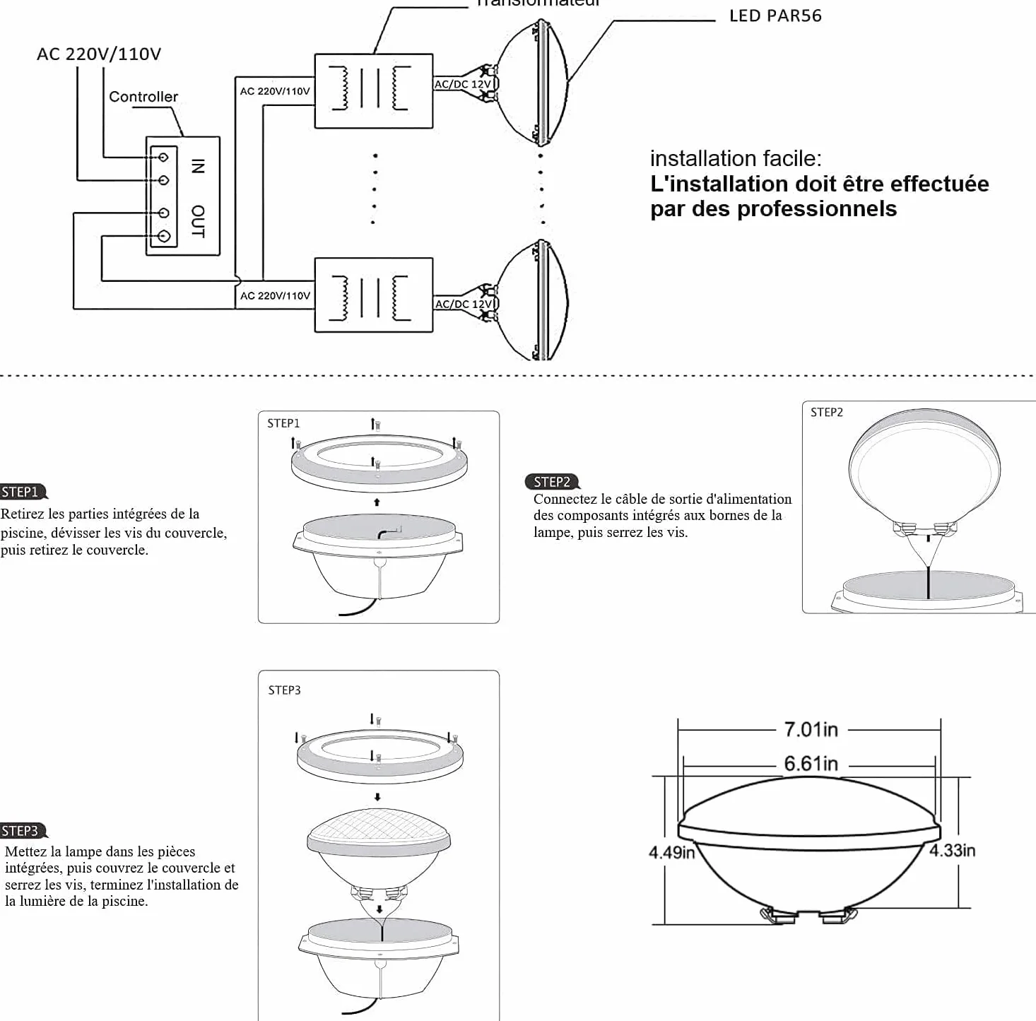 Lumières de piscine LED PAR56 40W RGB Timing IP68 étanche 12V AC/DC avec télécommande