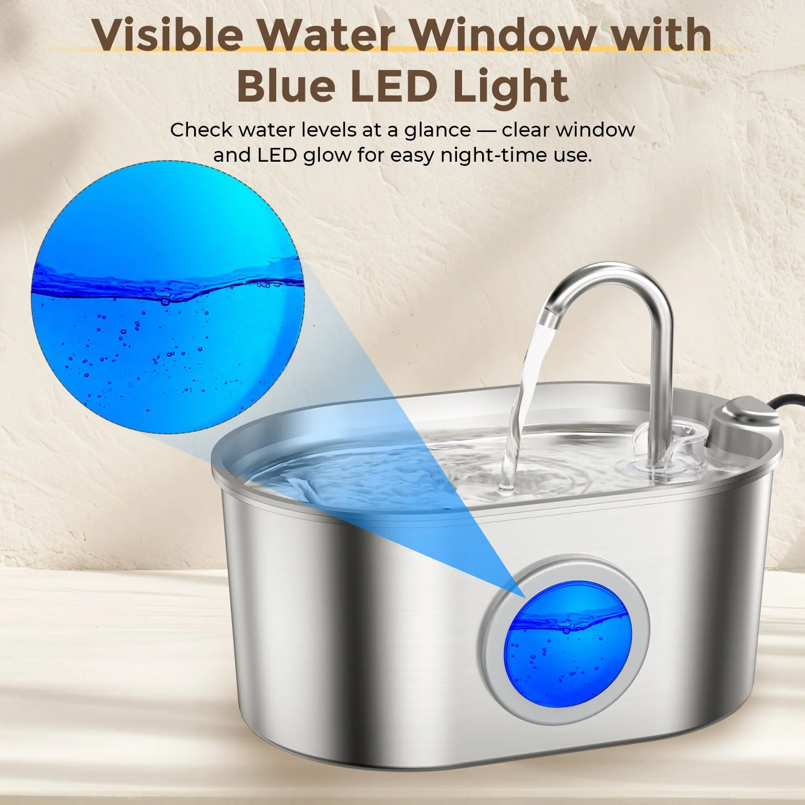Fontaine à Eau pour Chat 2,2L Acier Inoxydable avec Fenêtre de Niveau d'Eau, 4 Filtres Inclus, Design Anti-éclaboussures
