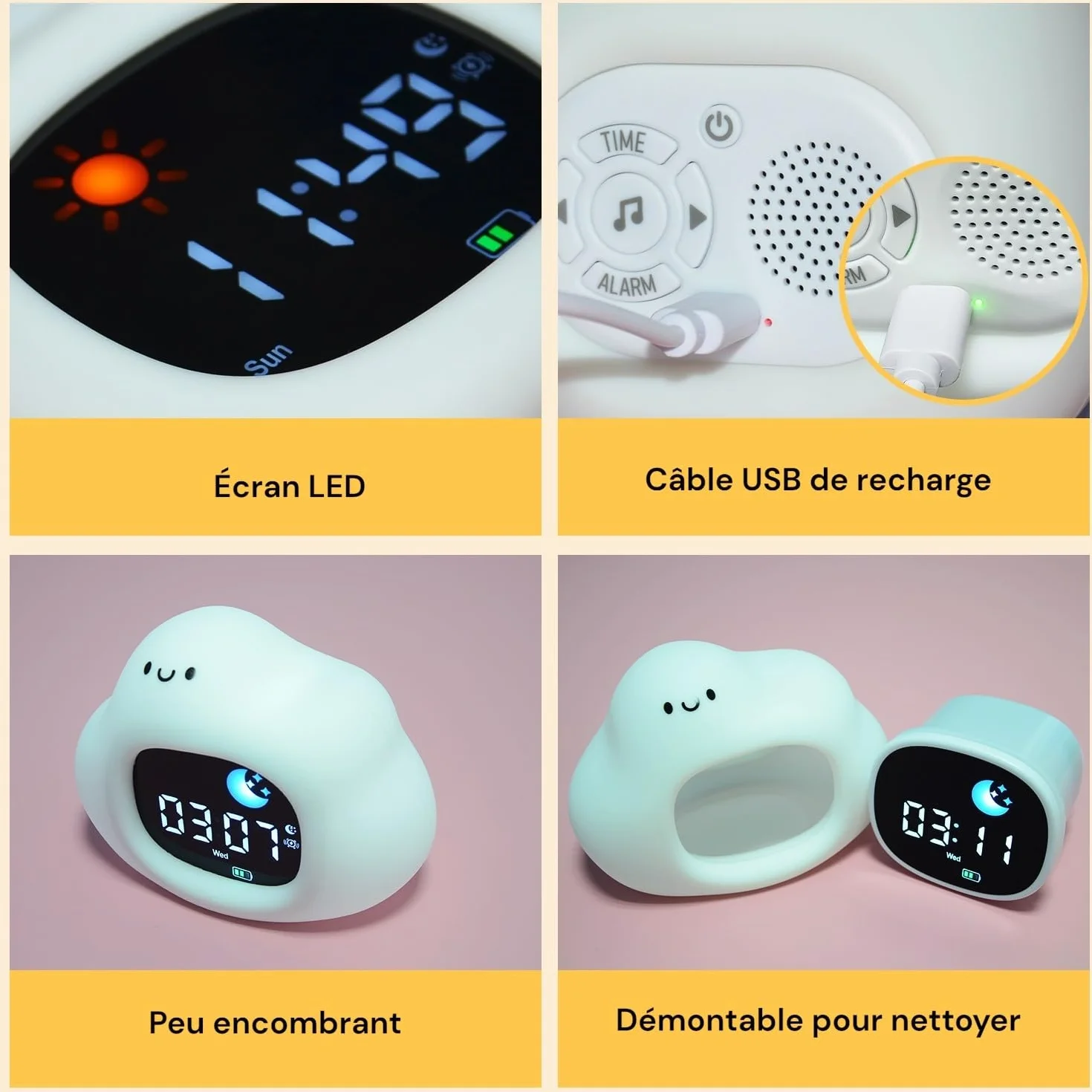 Réveil Enfant éducatif Jour/Nuit Nuage Veilleuse 2 alarmes Sons apaisants Luminosité réglable
