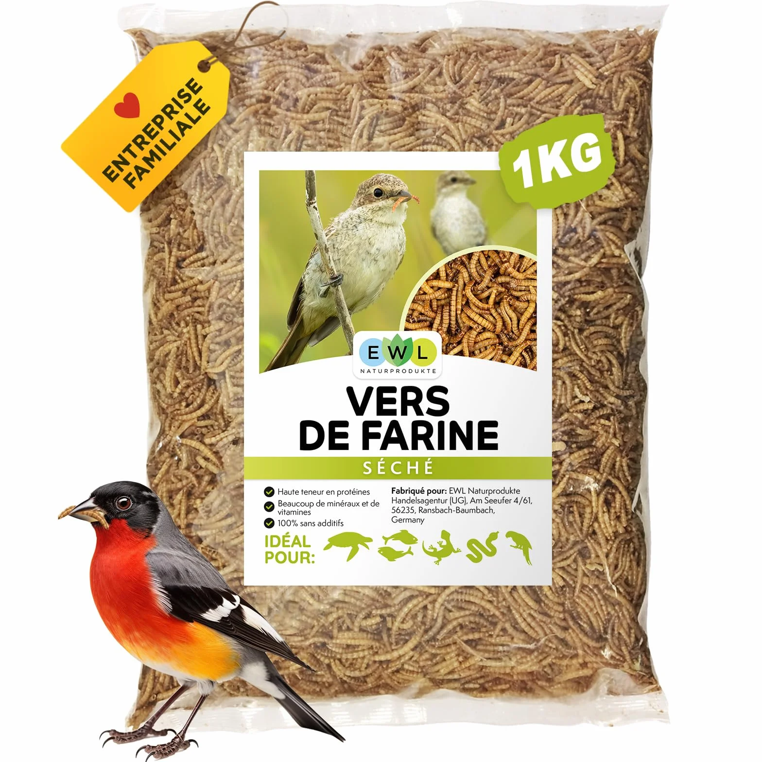 Ewl Naturprodukte vers de Farine séchés 1 kg friandises pour Oiseaux Poissons Tortues rongeurs Reptiles