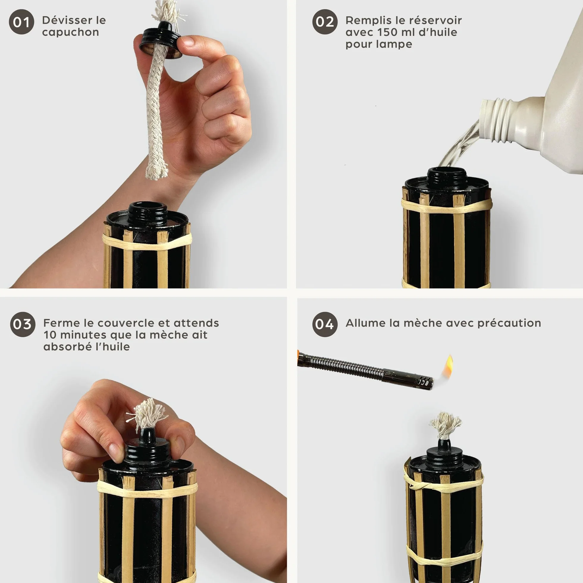 Torches de Jardin en Bambou avec 10 Mèche - Longue Durée de Combustion - Torches à Huile pour l’extérieur