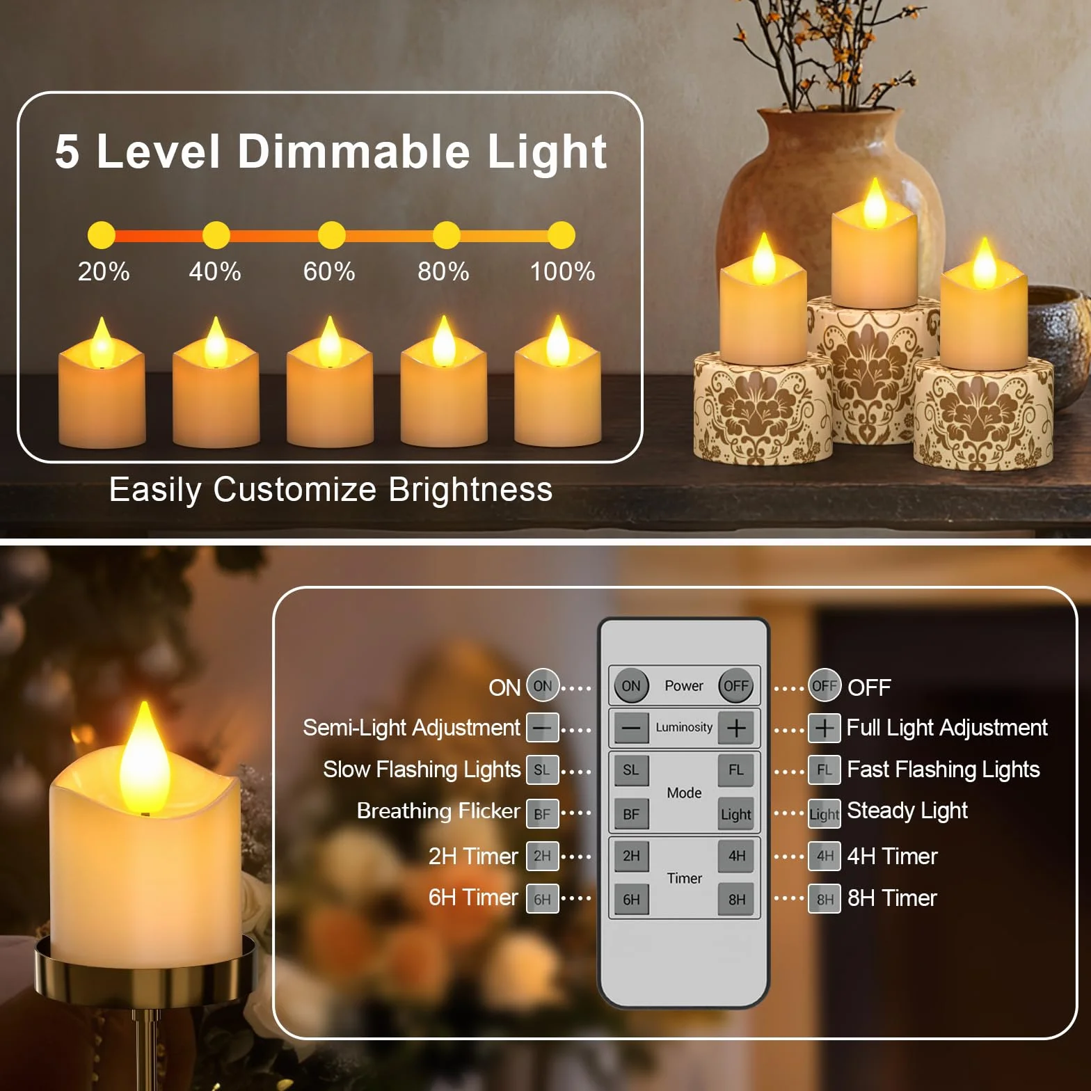 Bougies rechargeables avec télécommande lot de 6 LED sans flamme effet vacillant base de charge