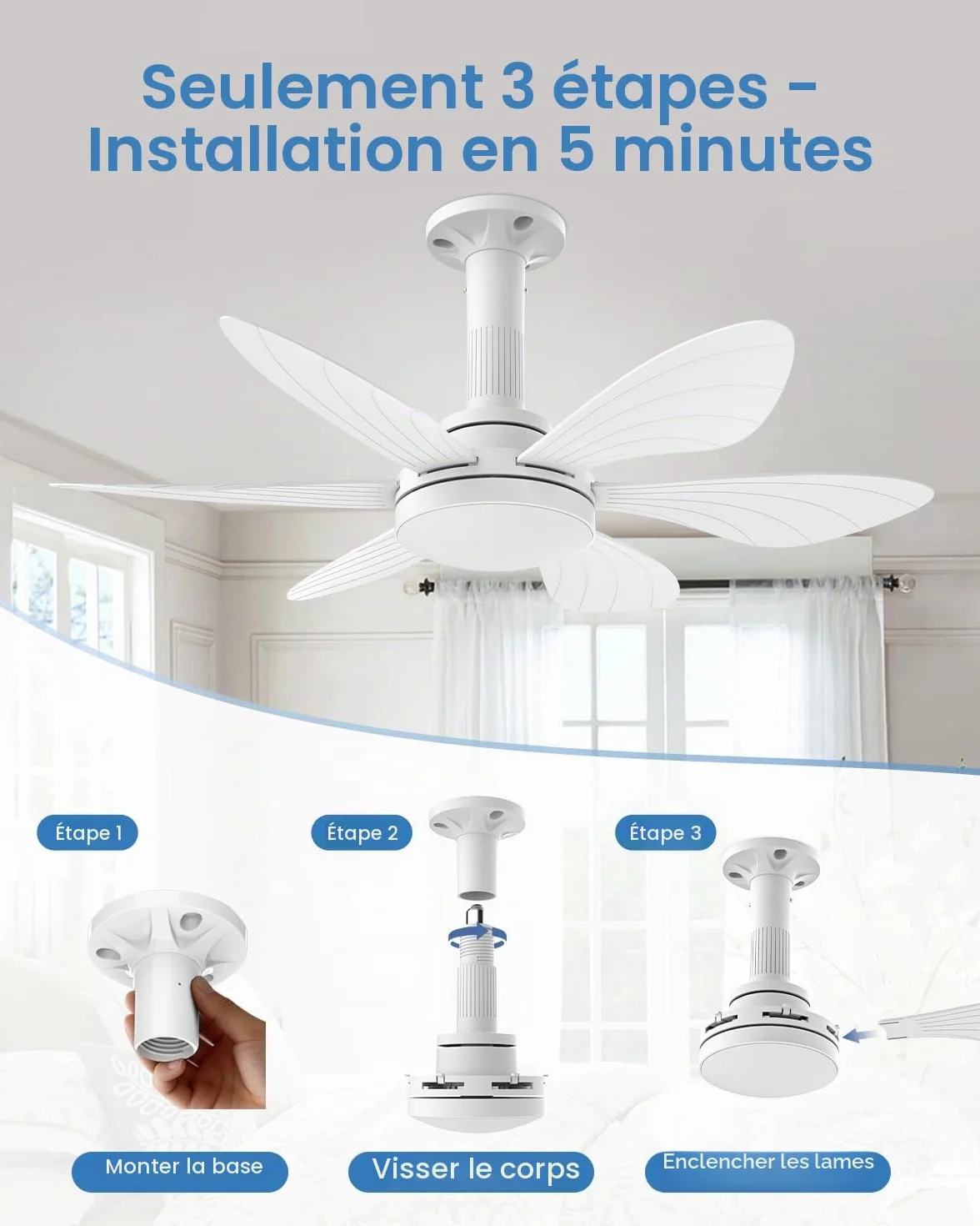 Hisummer 71cm Ventilateur de Plafond avec Lumière et Télécommande, E27, Silencieux pour Chambre