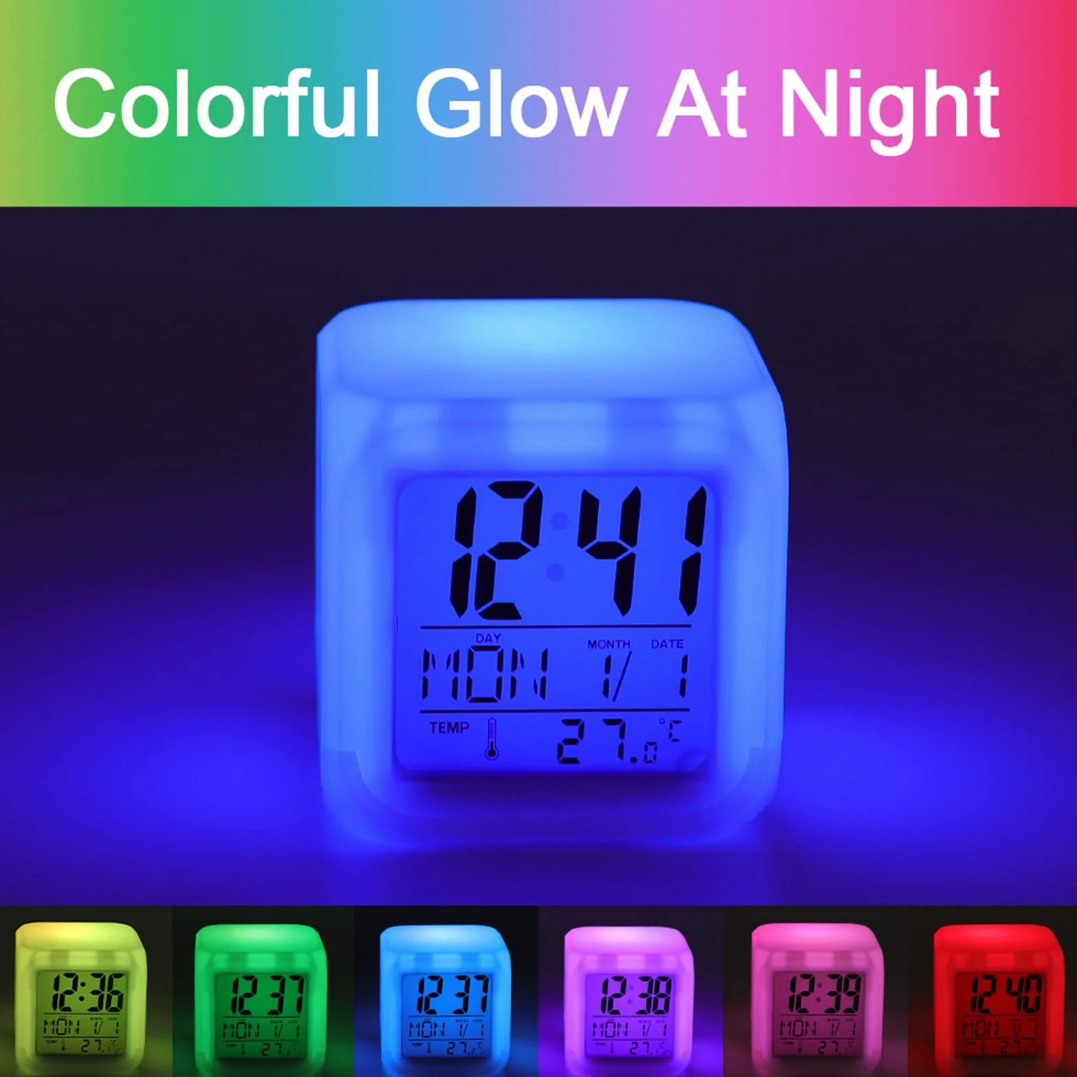Réveil Enfant Numérique Veilleuse 7 Couleurs Changeantes Wake Up Light avec Date Calendrier Température A16