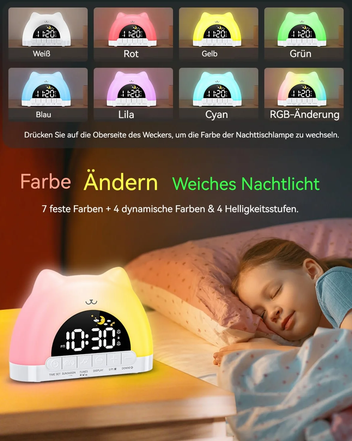 Réveil numérique enfant RVB double alarme snooze 11 couleurs 10 effets sonores
